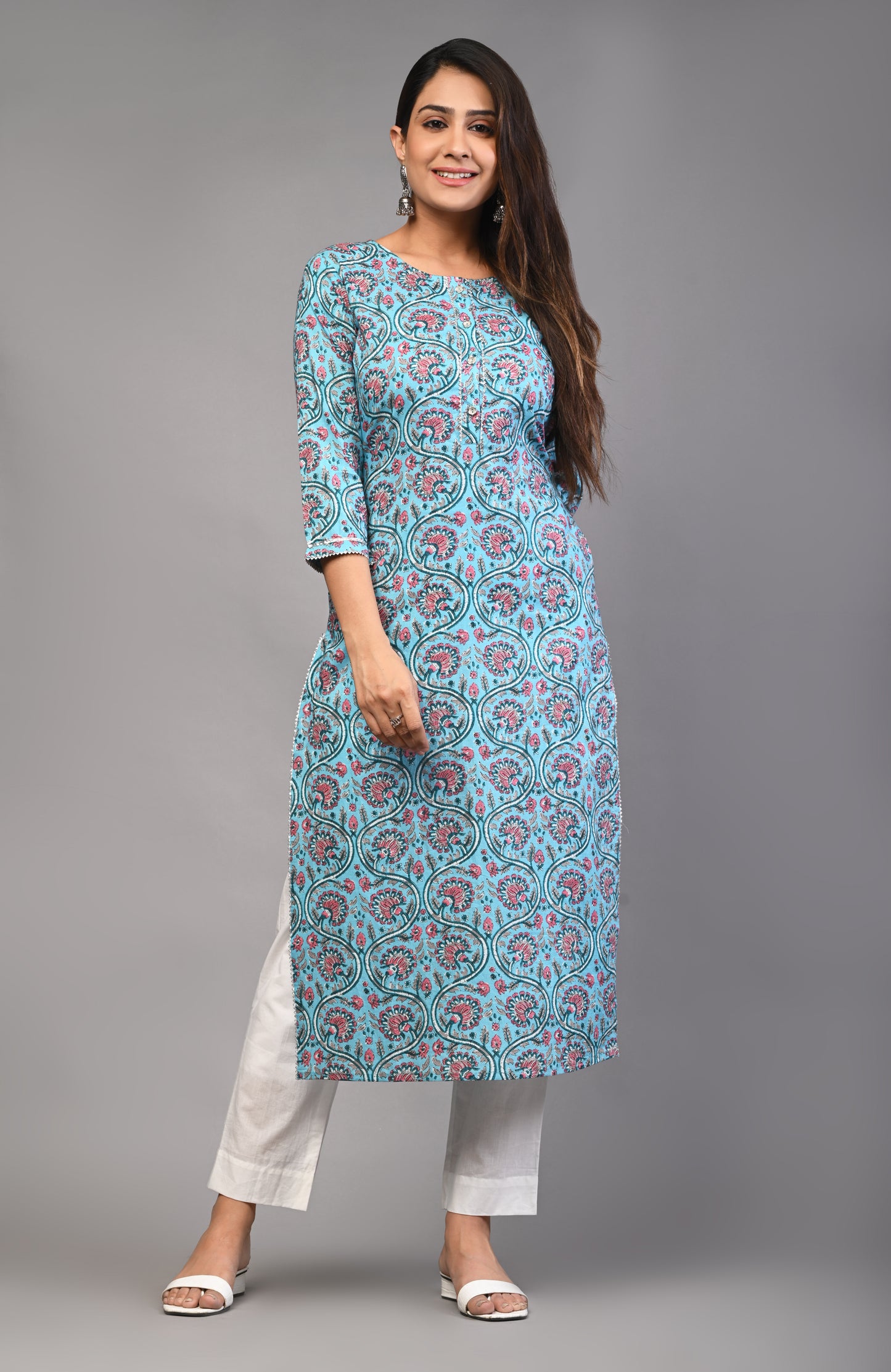 PUKHYA WOMEN'S FLORAL PRINTED STRAIGHT KURTA COTTON