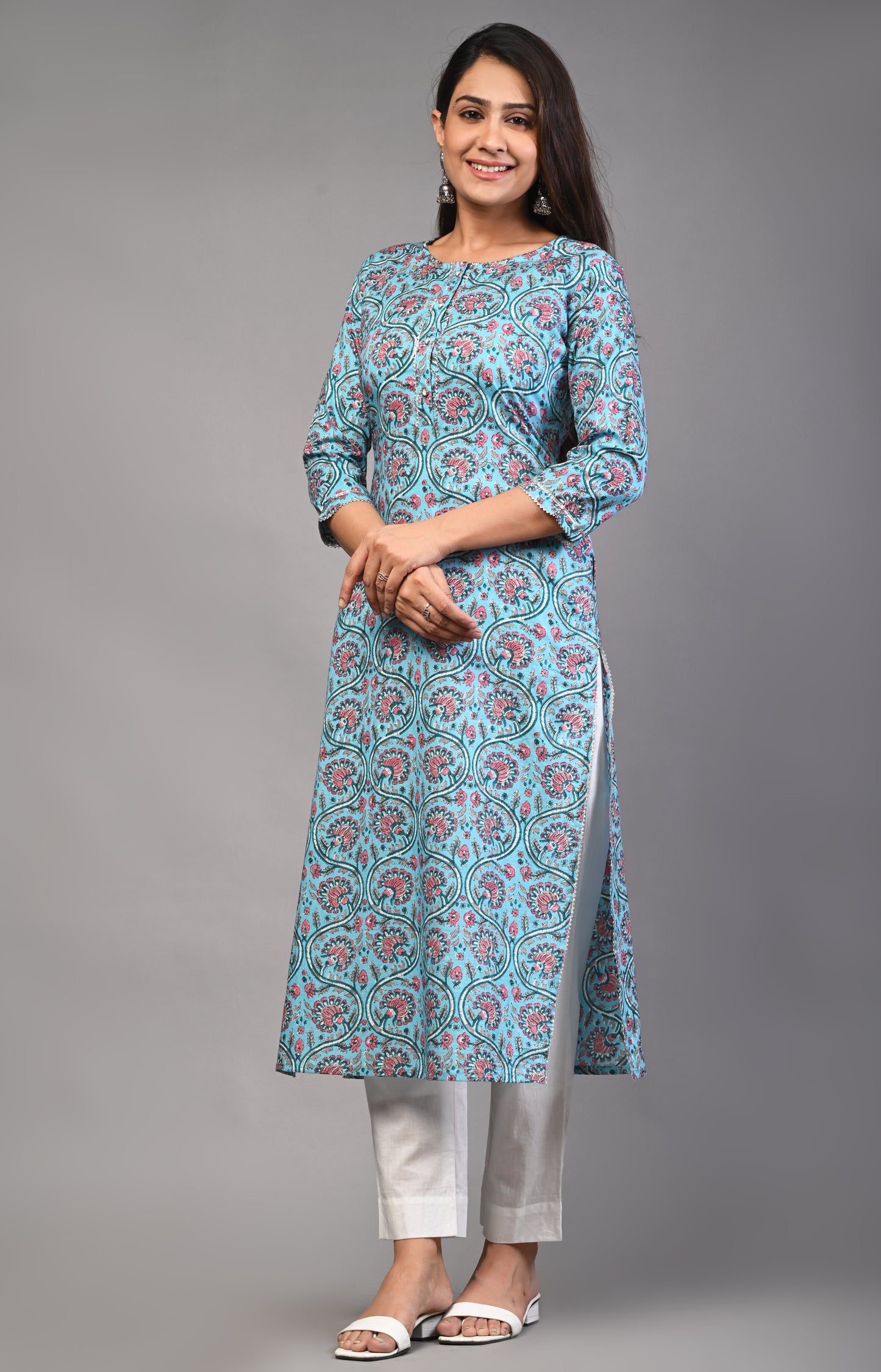 PUKHYA WOMEN'S FLORAL PRINTED STRAIGHT KURTA COTTON