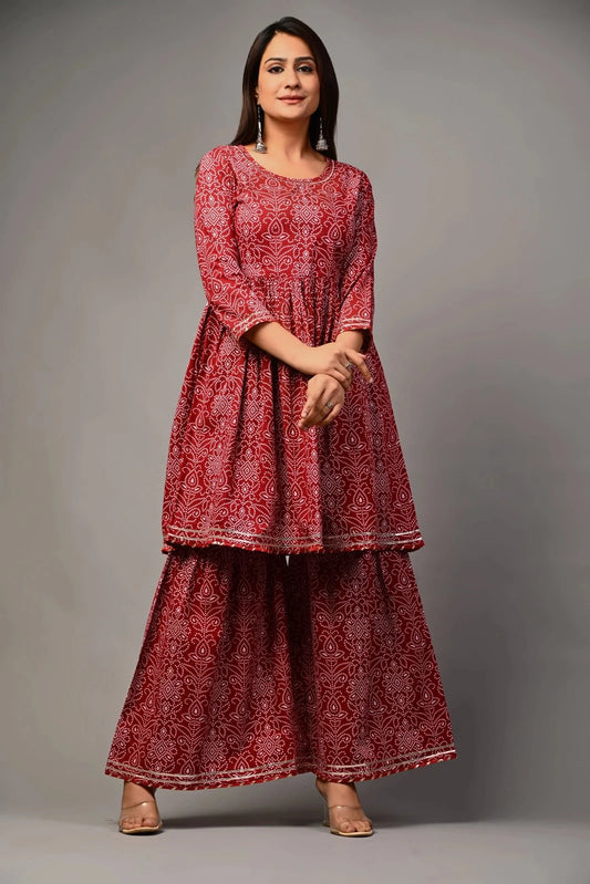 PUKHYA WOMEN'S BANDHANI EMBRIODERED KURTA WITH SHARARA COTTON