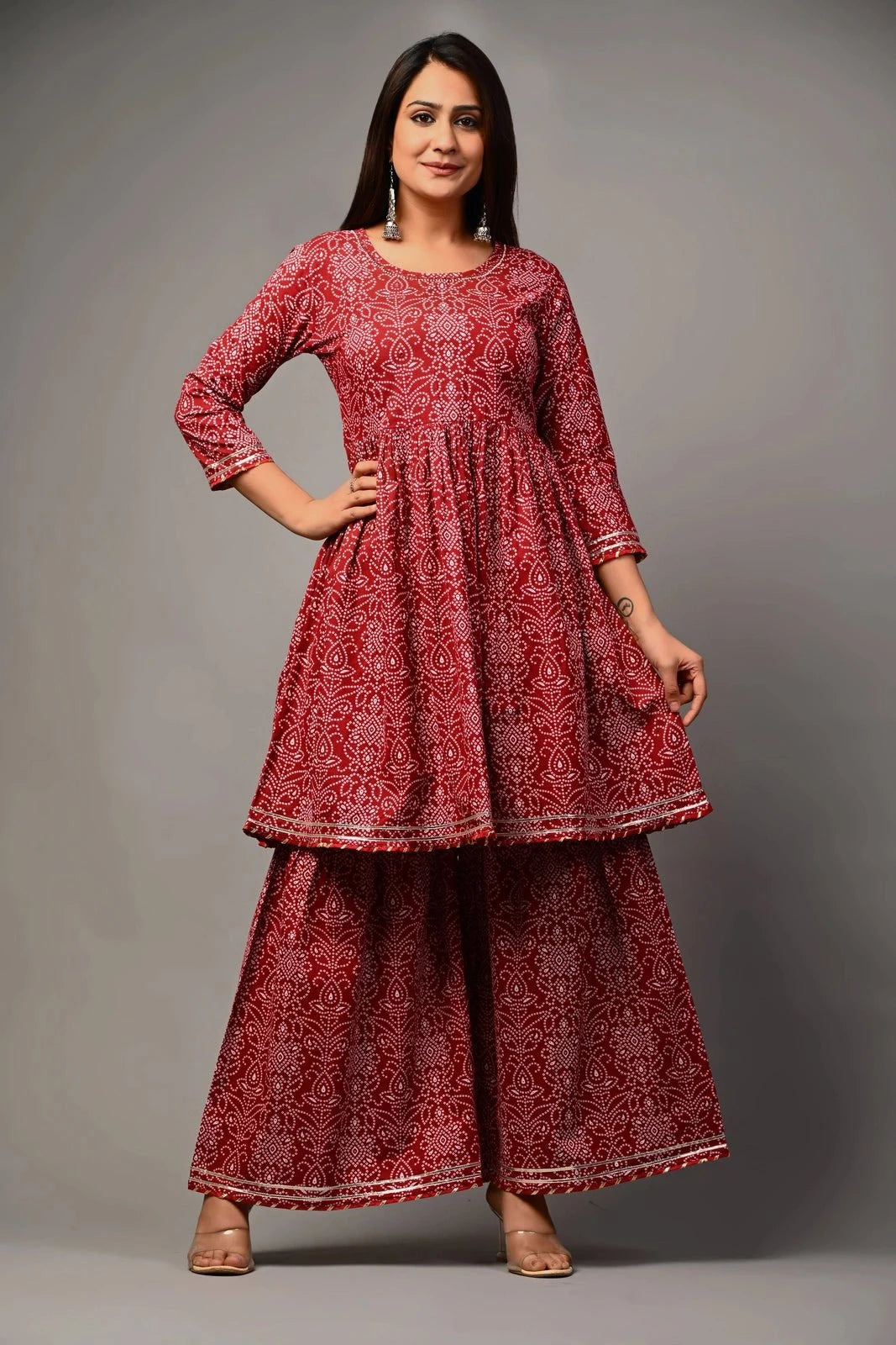 PUKHYA WOMEN'S BANDHANI EMBRIODERED KURTA WITH SHARARA COTTON