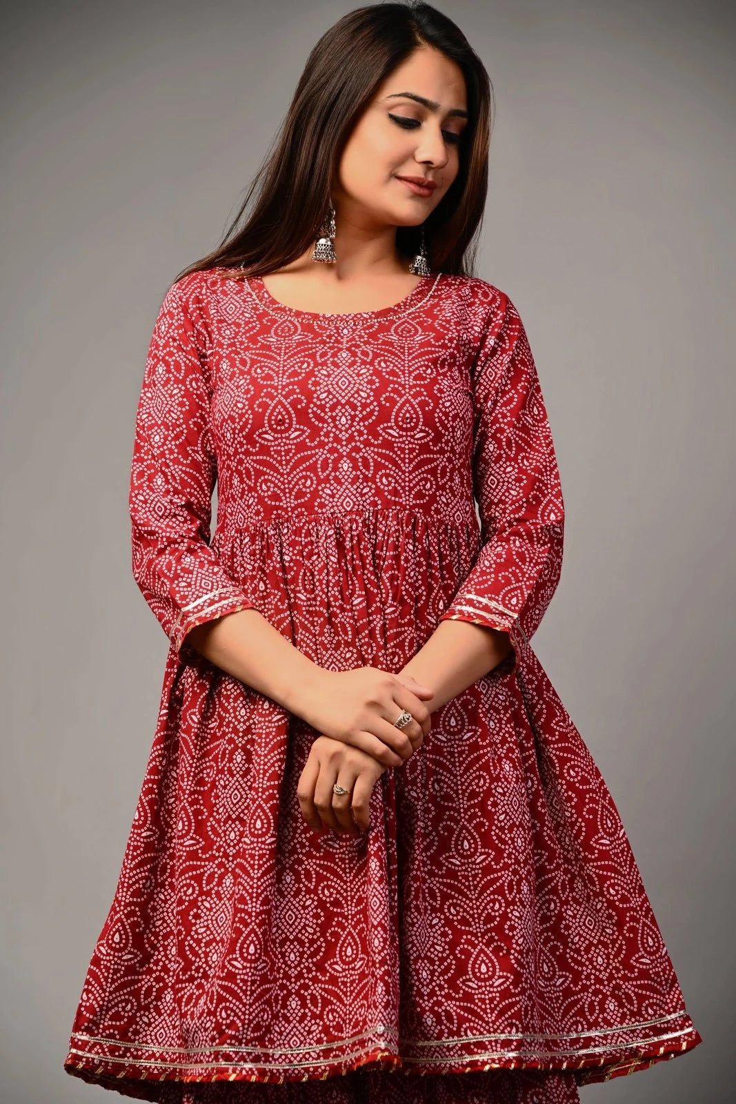 PUKHYA WOMEN'S BANDHANI EMBRIODERED KURTA WITH SHARARA COTTON