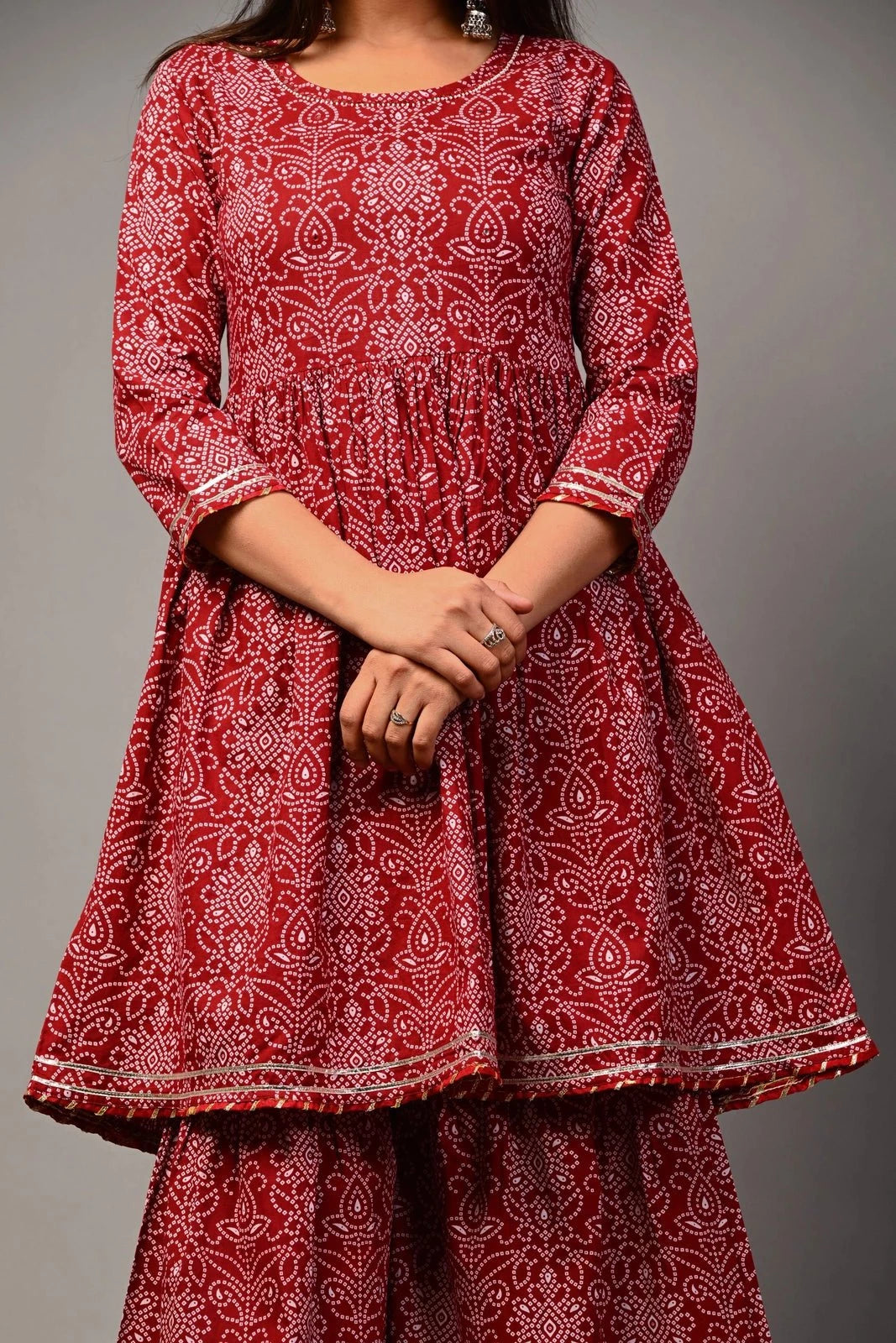 PUKHYA WOMEN'S BANDHANI EMBRIODERED KURTA WITH SHARARA COTTON