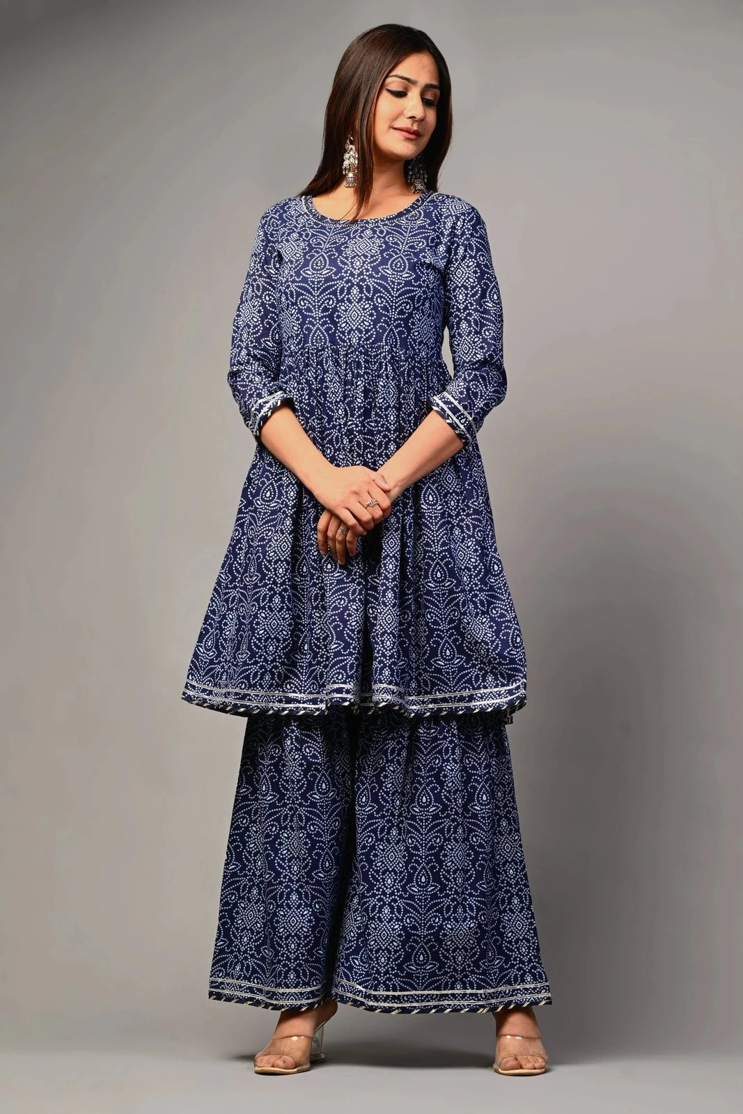 PUKHYA WOMEN'S BANDHANI EMBROIDERED KURTA WITH SHARARA COTTON