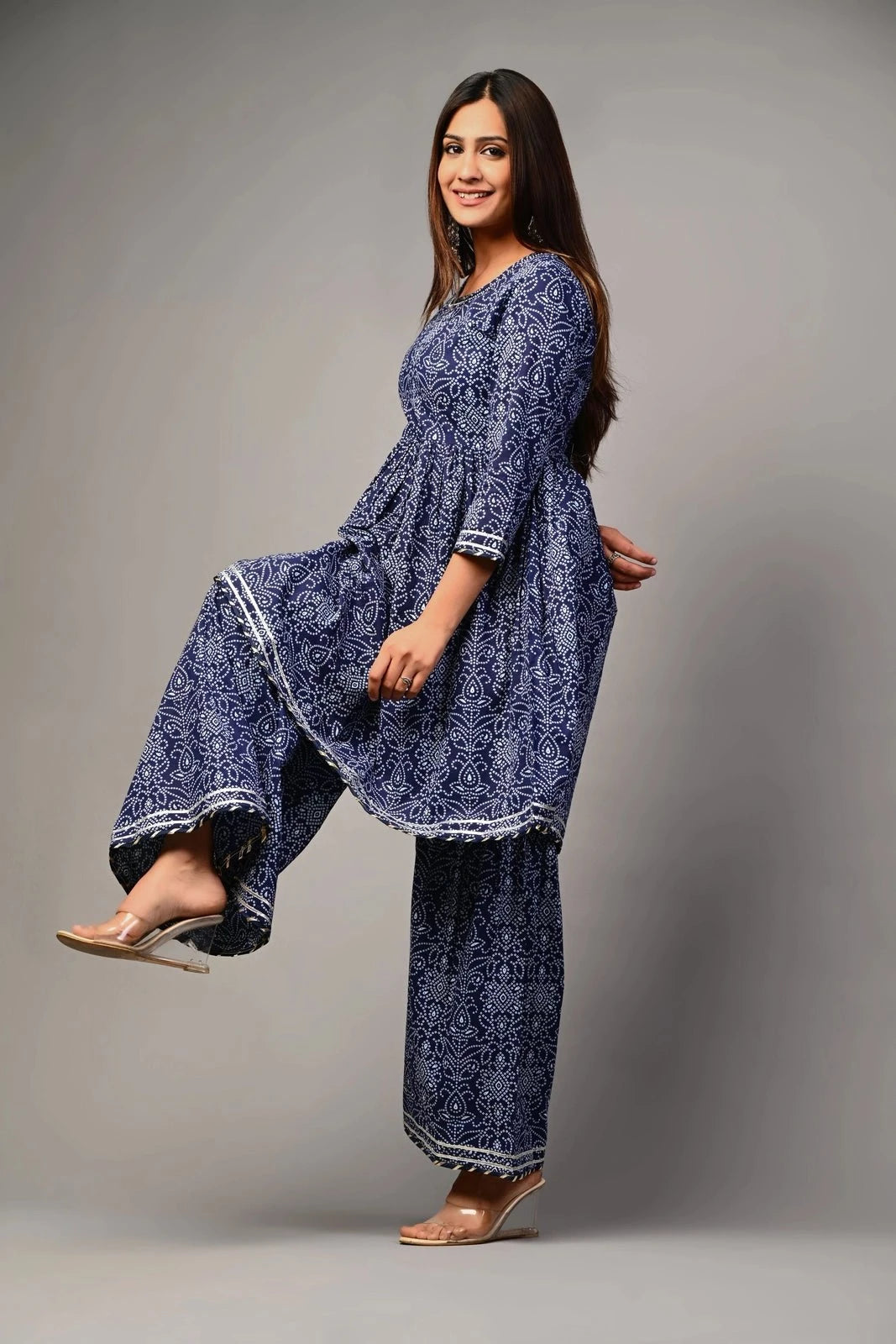 PUKHYA WOMEN'S BANDHANI EMBROIDERED KURTA WITH SHARARA COTTON