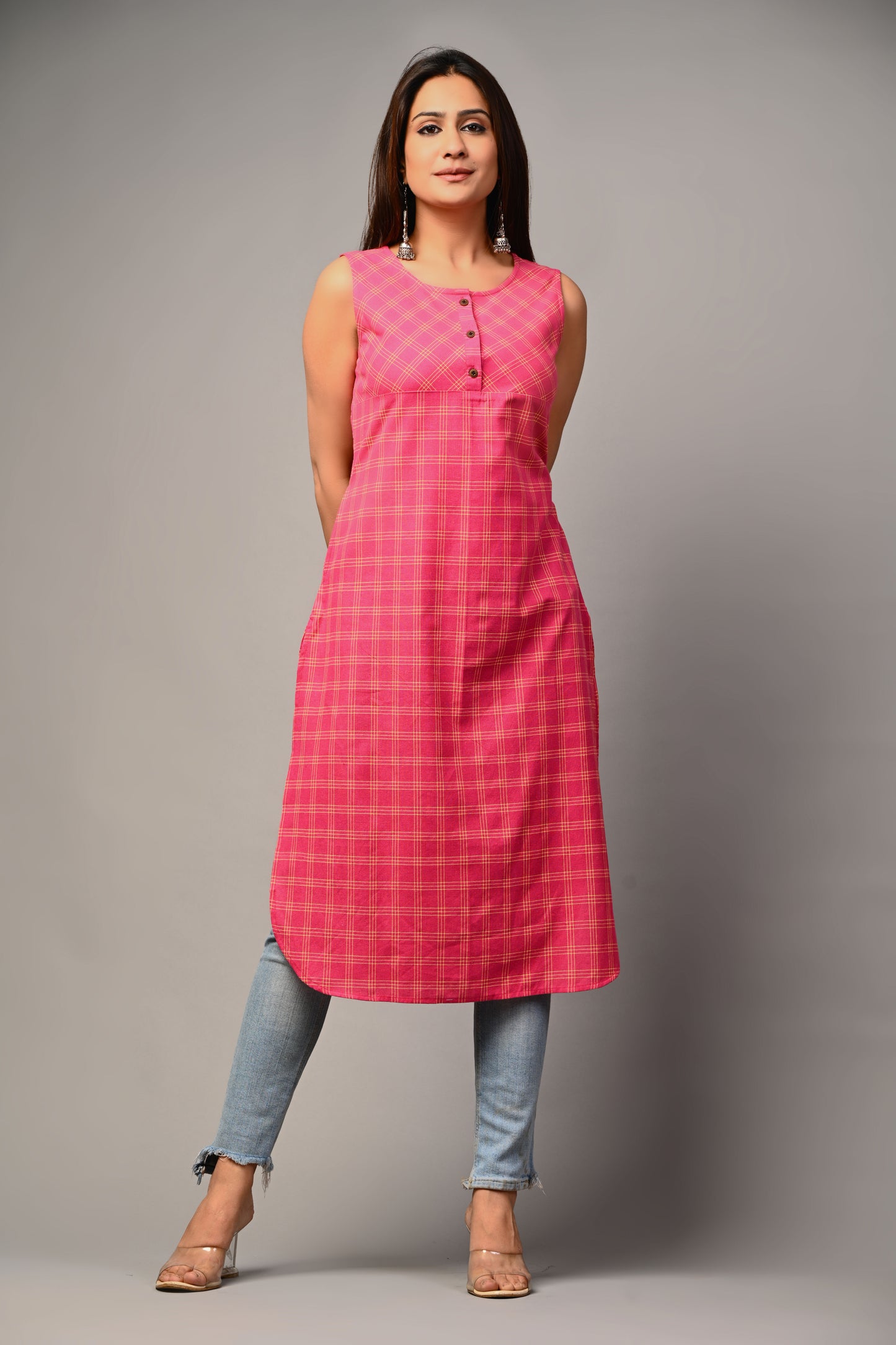 PUKHYA WOMEN'S PINK YARN DYED STRAIGHT KURTA COTTON