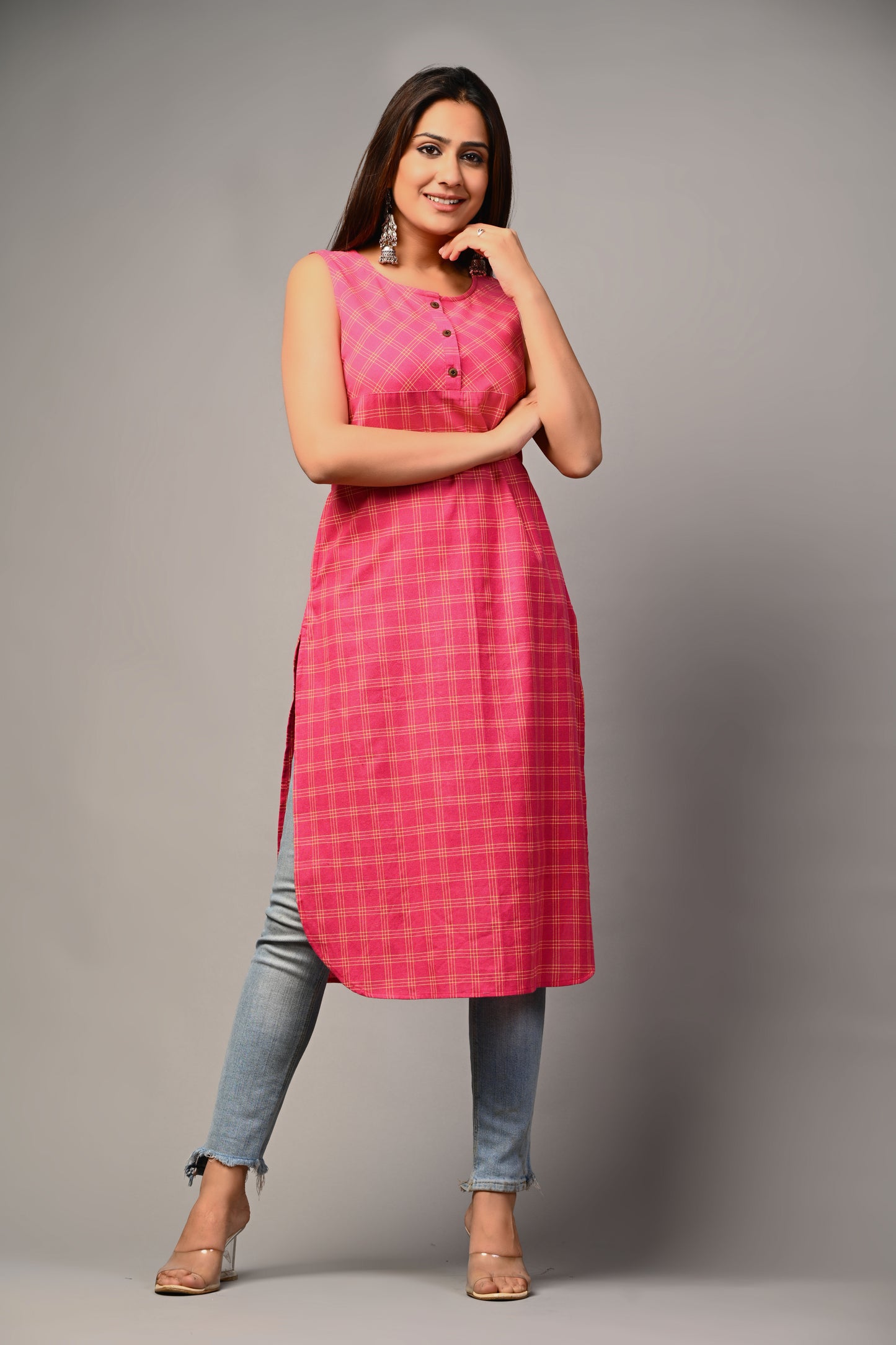 PUKHYA WOMEN'S PINK YARN DYED STRAIGHT KURTA COTTON