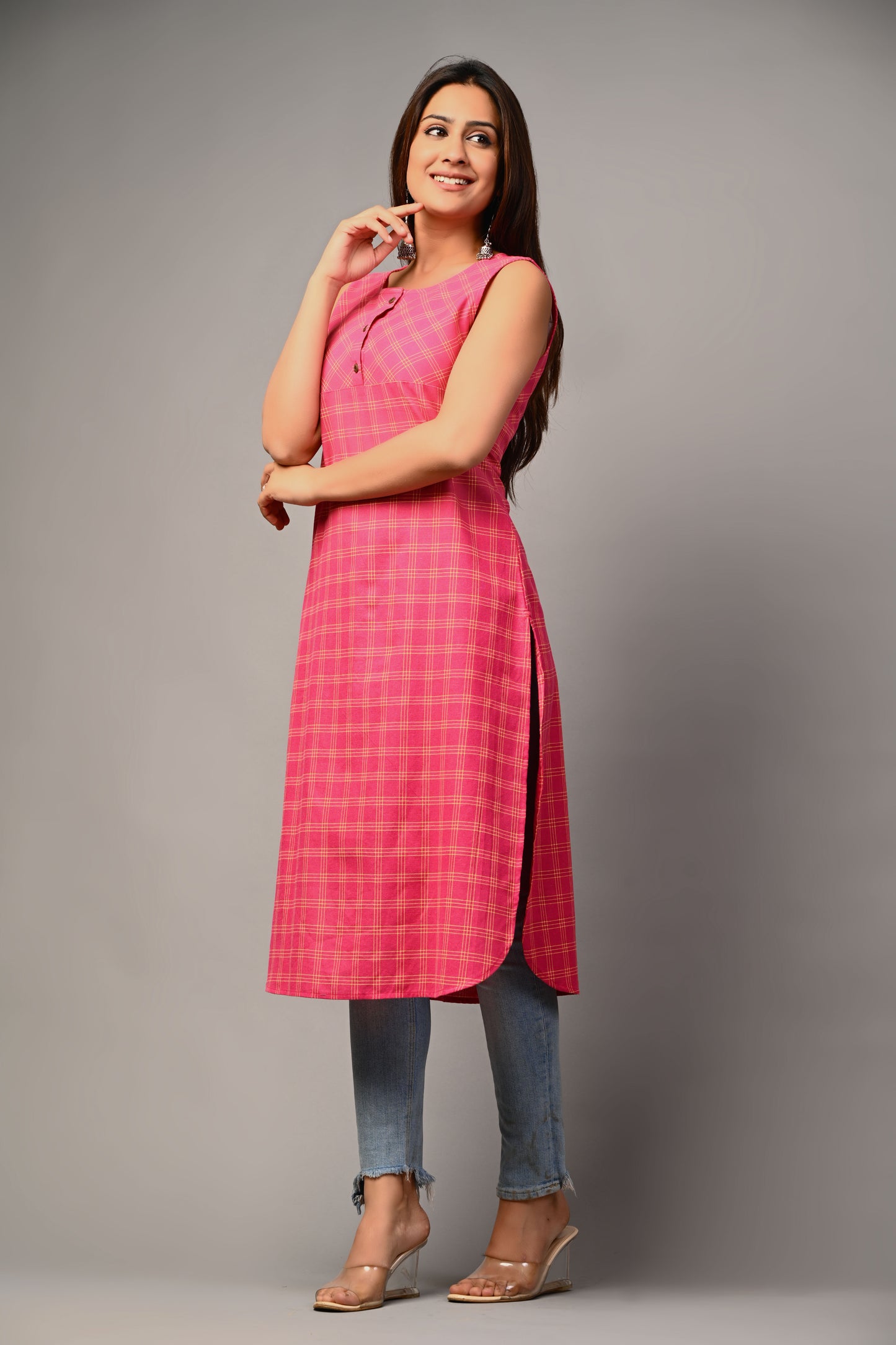 PUKHYA WOMEN'S PINK YARN DYED STRAIGHT KURTA COTTON