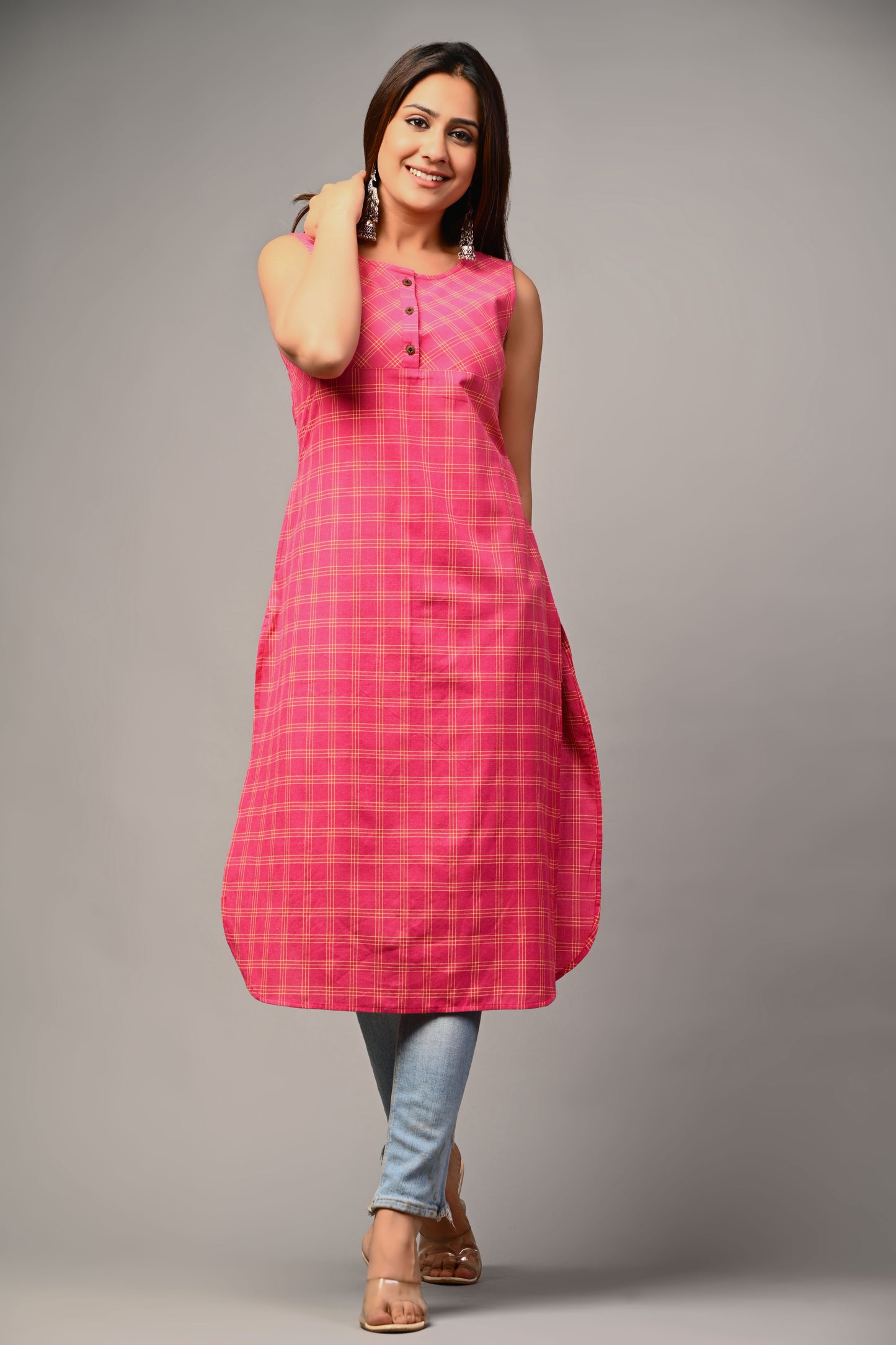 PUKHYA WOMEN'S PINK YARN DYED STRAIGHT KURTA COTTON