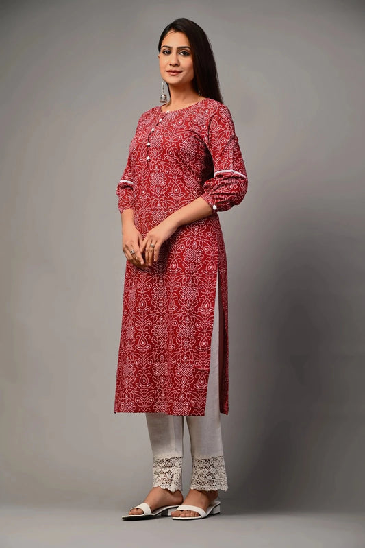 PUKHYA WOMEN'S BANDHANI PRINTED KURTA WITH TROUSER COTTON