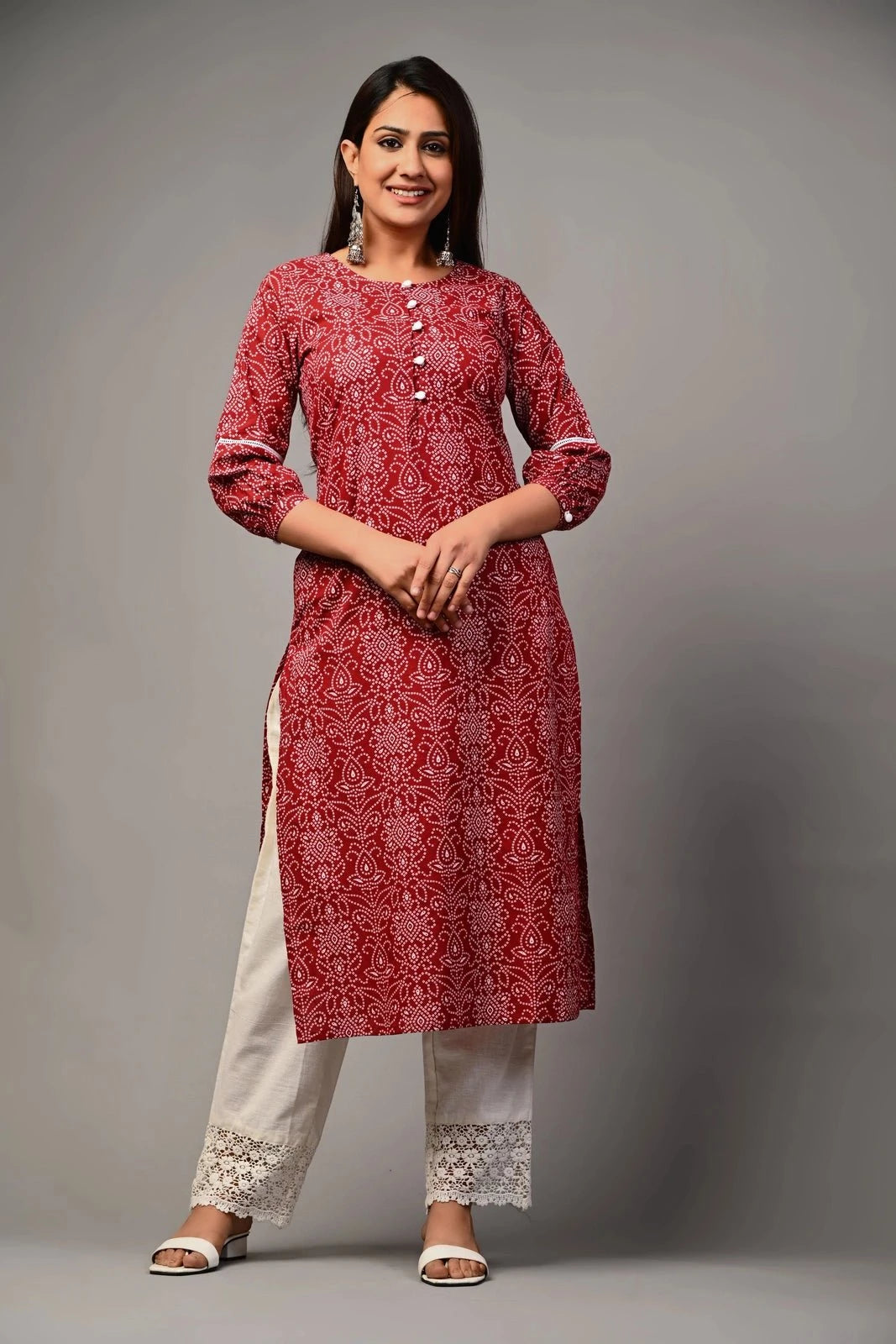 PUKHYA WOMEN'S BANDHANI PRINTED KURTA WITH TROUSER COTTON