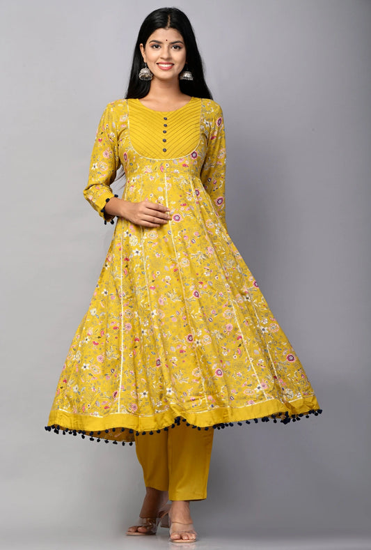 PUKHYA WOMEN'S PRINTED ANARKALI KURTA WITH TROUSER RAYON