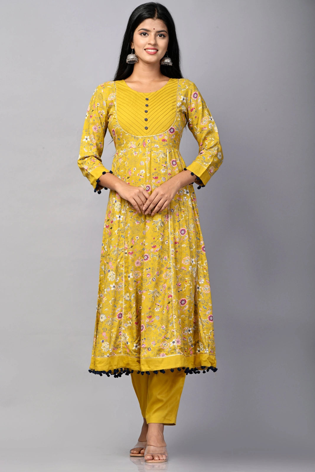 PUKHYA WOMEN'S PRINTED ANARKALI KURTA WITH TROUSER RAYON