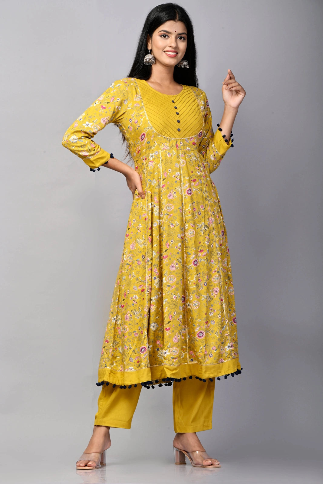 PUKHYA WOMEN'S PRINTED ANARKALI KURTA WITH TROUSER RAYON