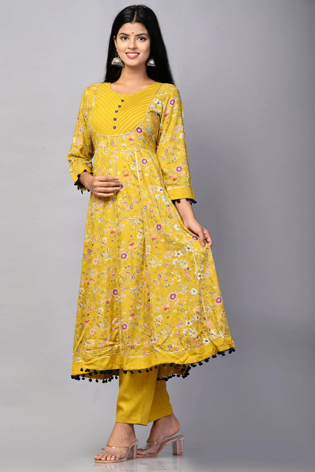 PUKHYA WOMEN'S PRINTED ANARKALI KURTA WITH TROUSER RAYON