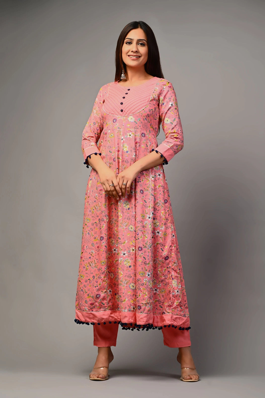 PUKHYA WOMEN'S PRINTED ANARKALI KURTA WITH TROUSER RAYON