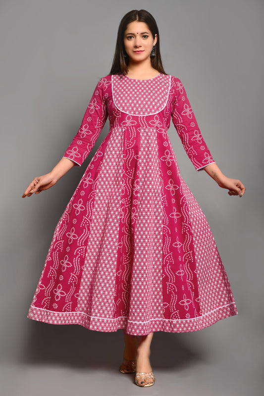 PUKHYA WOMEN'S PRINTED ANARKALI KURTA COTTON