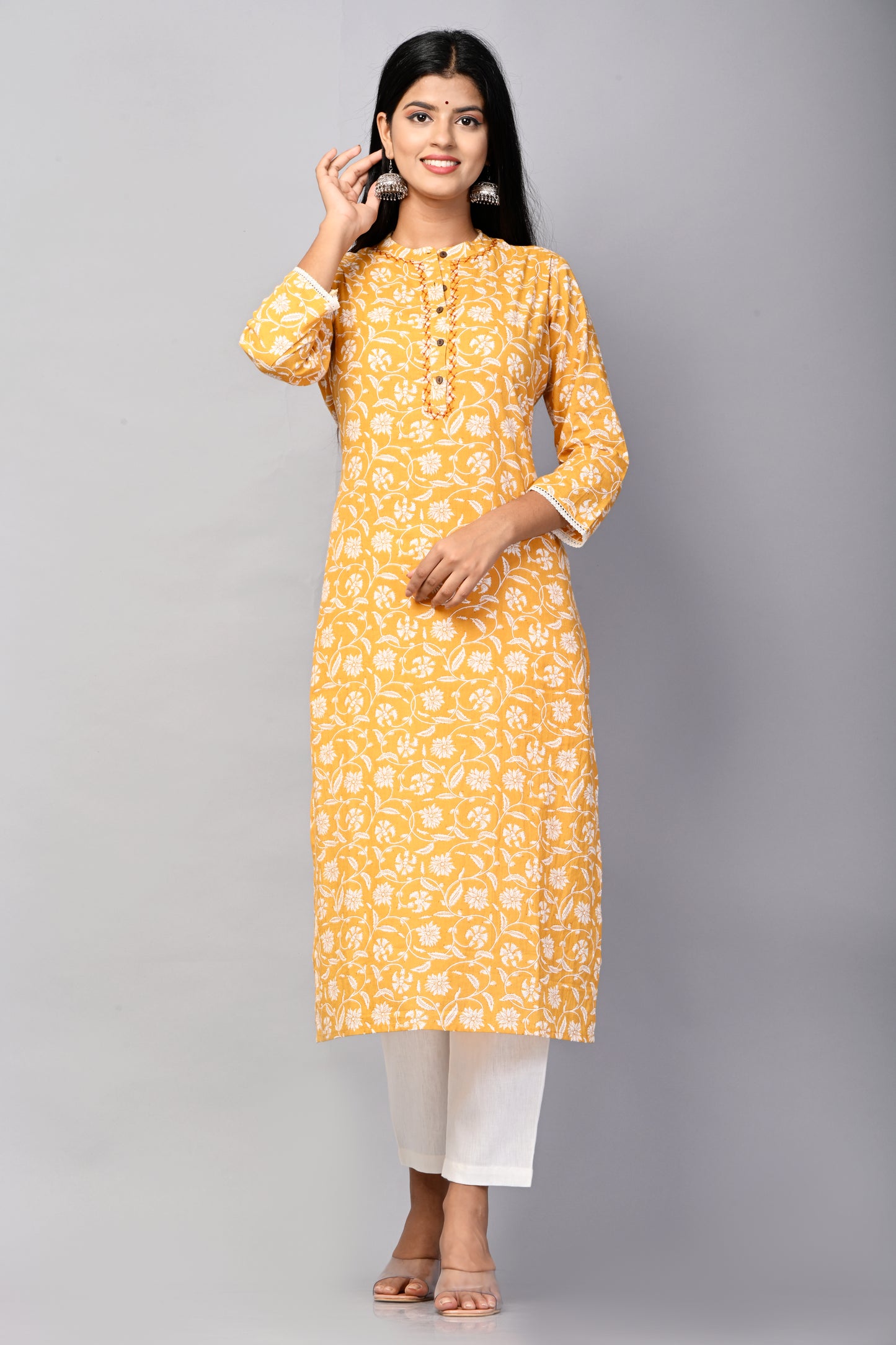 PUKHYA WOMEN'S MUSTARD FLORAL PRINTED STRAIGHT KURTA