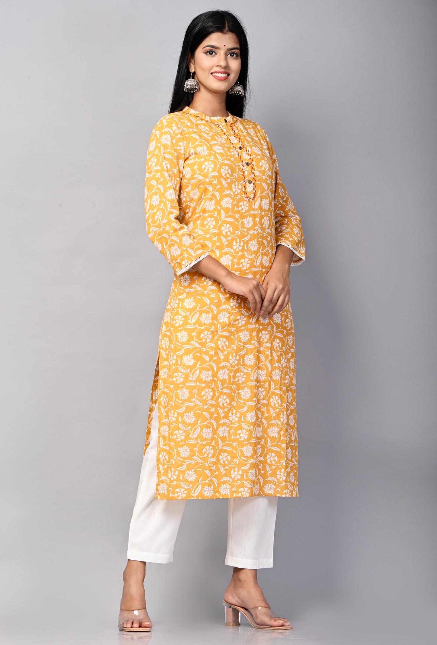 PUKHYA WOMEN'S MUSTARD FLORAL PRINTED STRAIGHT KURTA