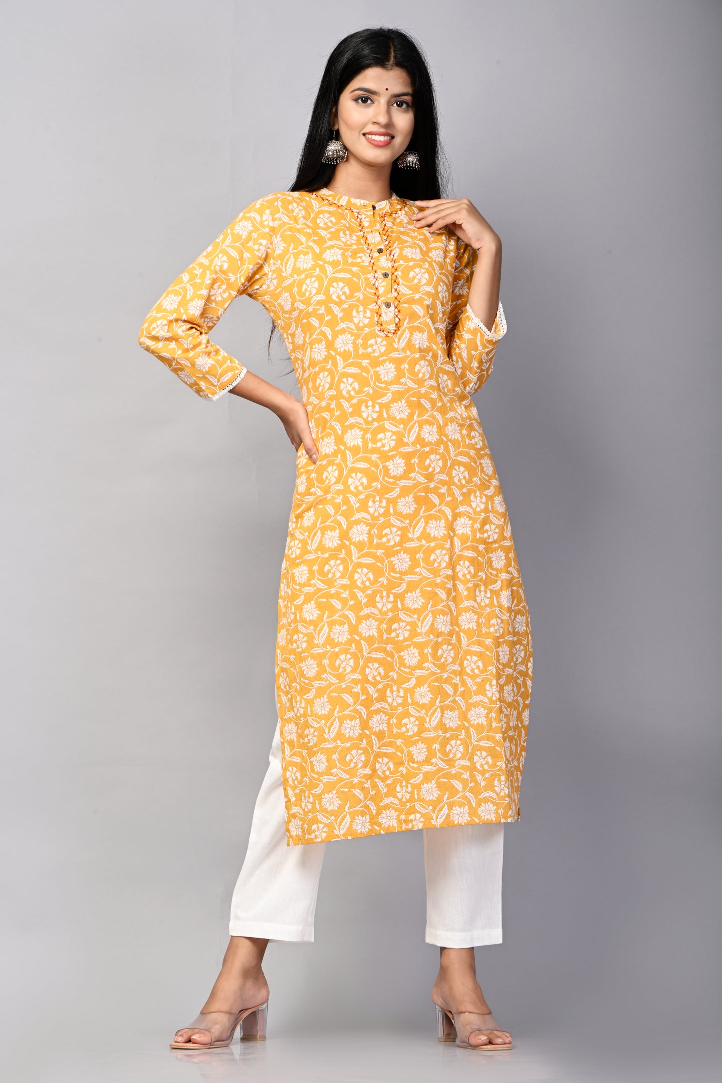 PUKHYA WOMEN'S MUSTARD FLORAL PRINTED STRAIGHT KURTA