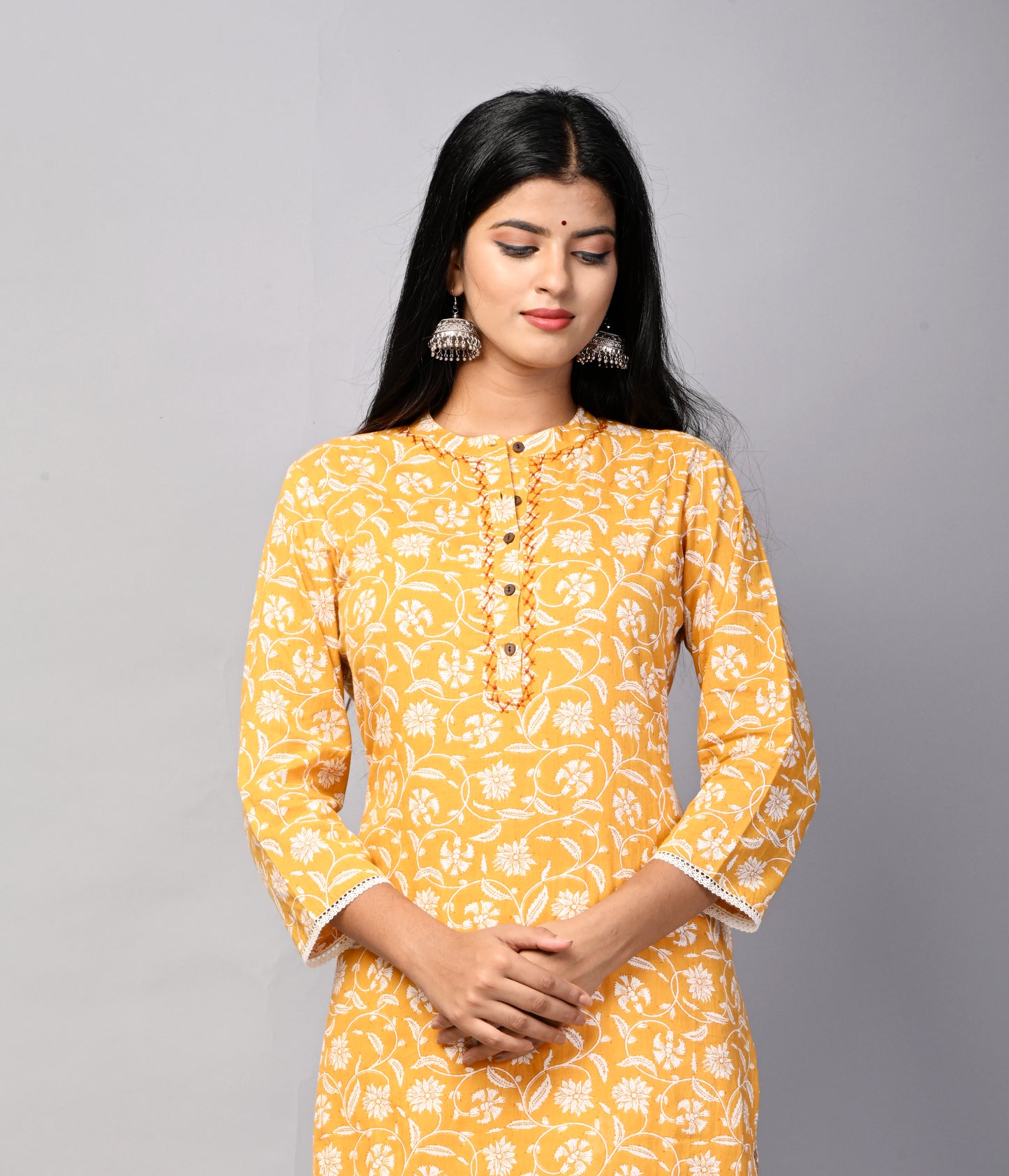 PUKHYA WOMEN'S MUSTARD FLORAL PRINTED STRAIGHT KURTA