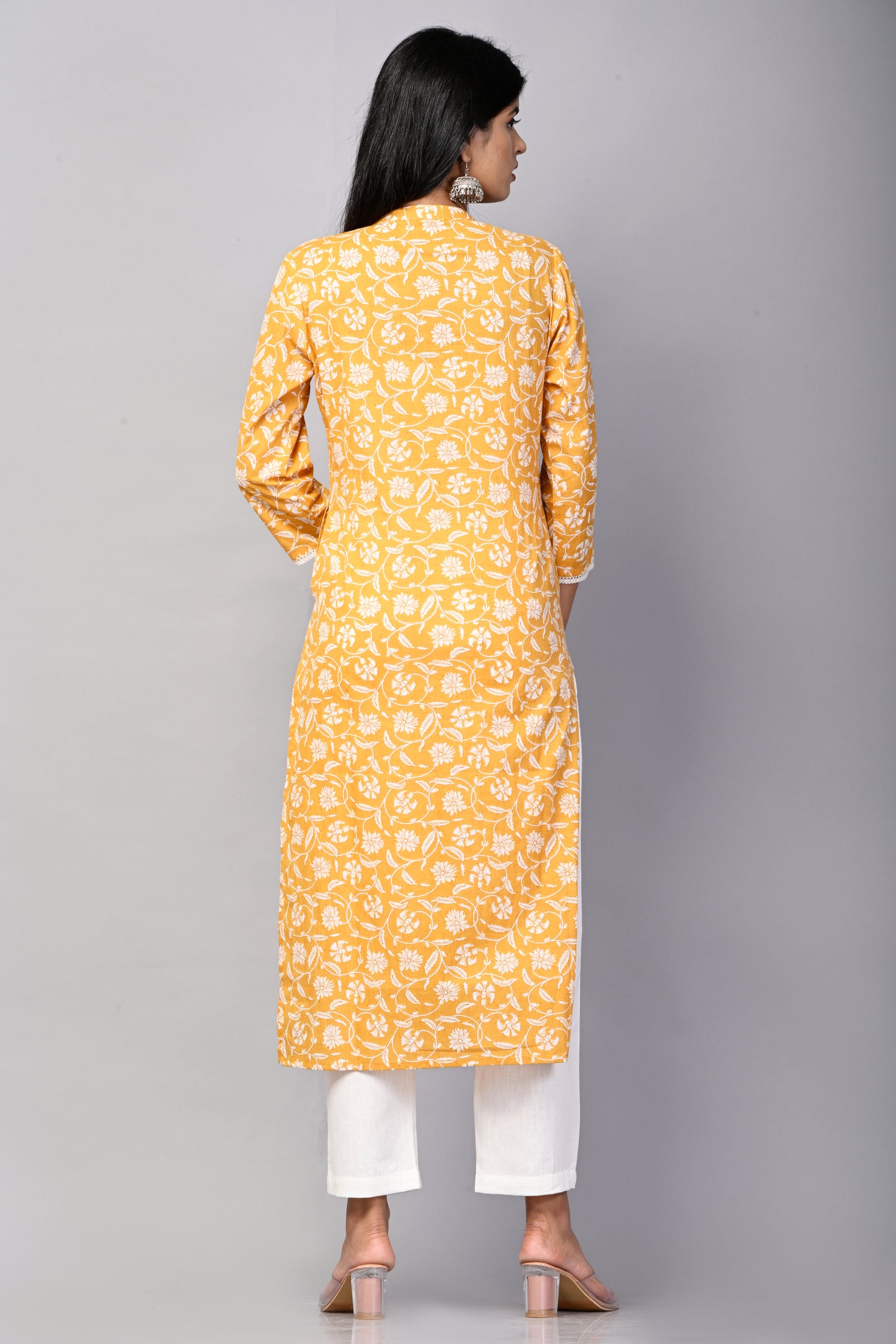 PUKHYA WOMEN'S MUSTARD FLORAL PRINTED STRAIGHT KURTA