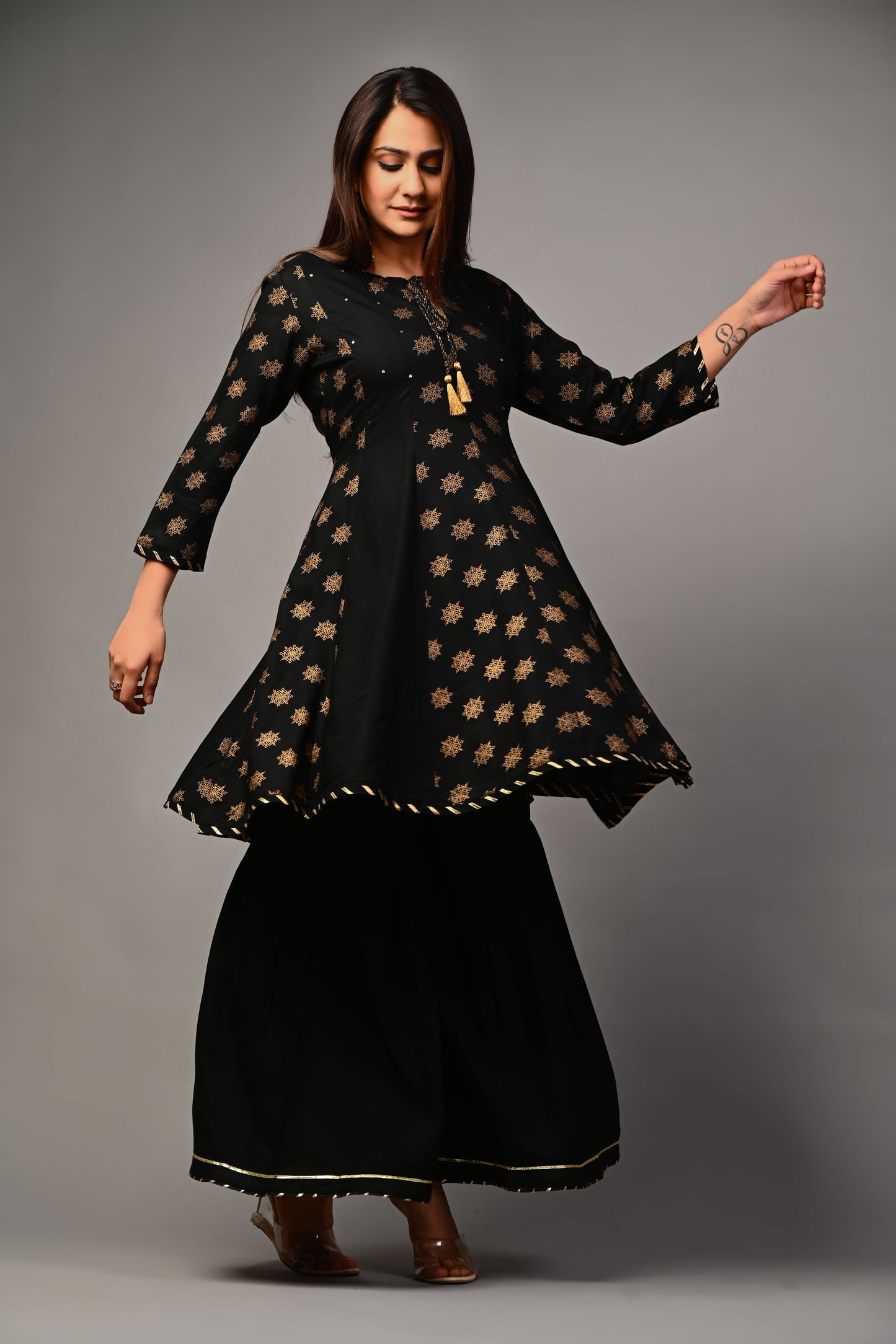 PUKHYA WOMEN'S GOLD PRINTED ANARKALI KURTA WITH SHARARA RAYON