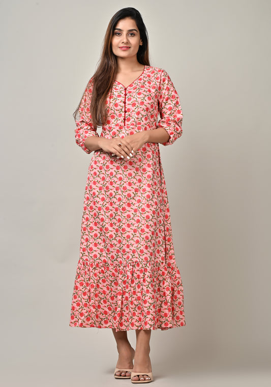 PUKHYA WOMEN'S PINK FLORAL PRINTED DRESS COTTON