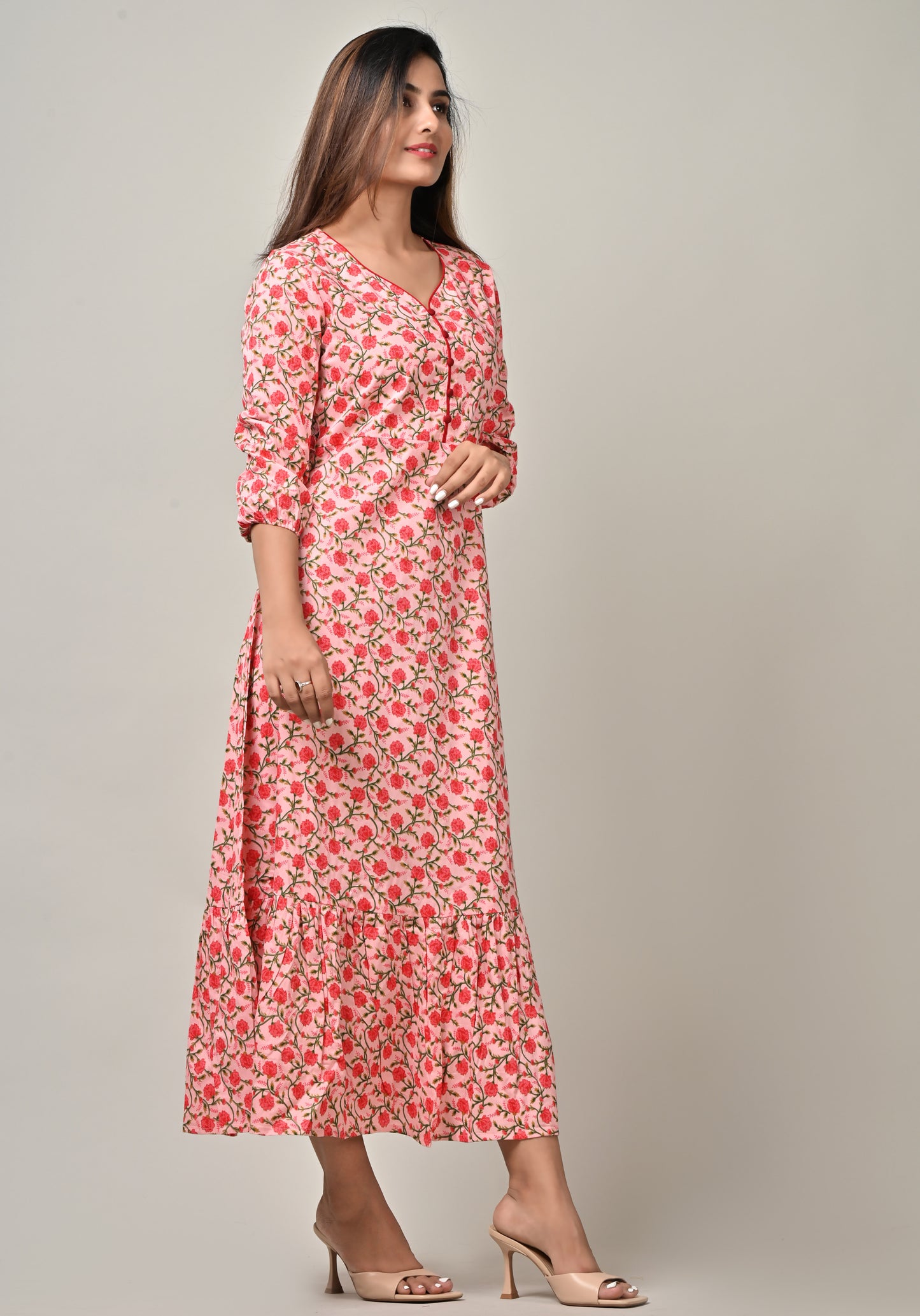 PUKHYA WOMEN'S PINK FLORAL PRINTED DRESS COTTON