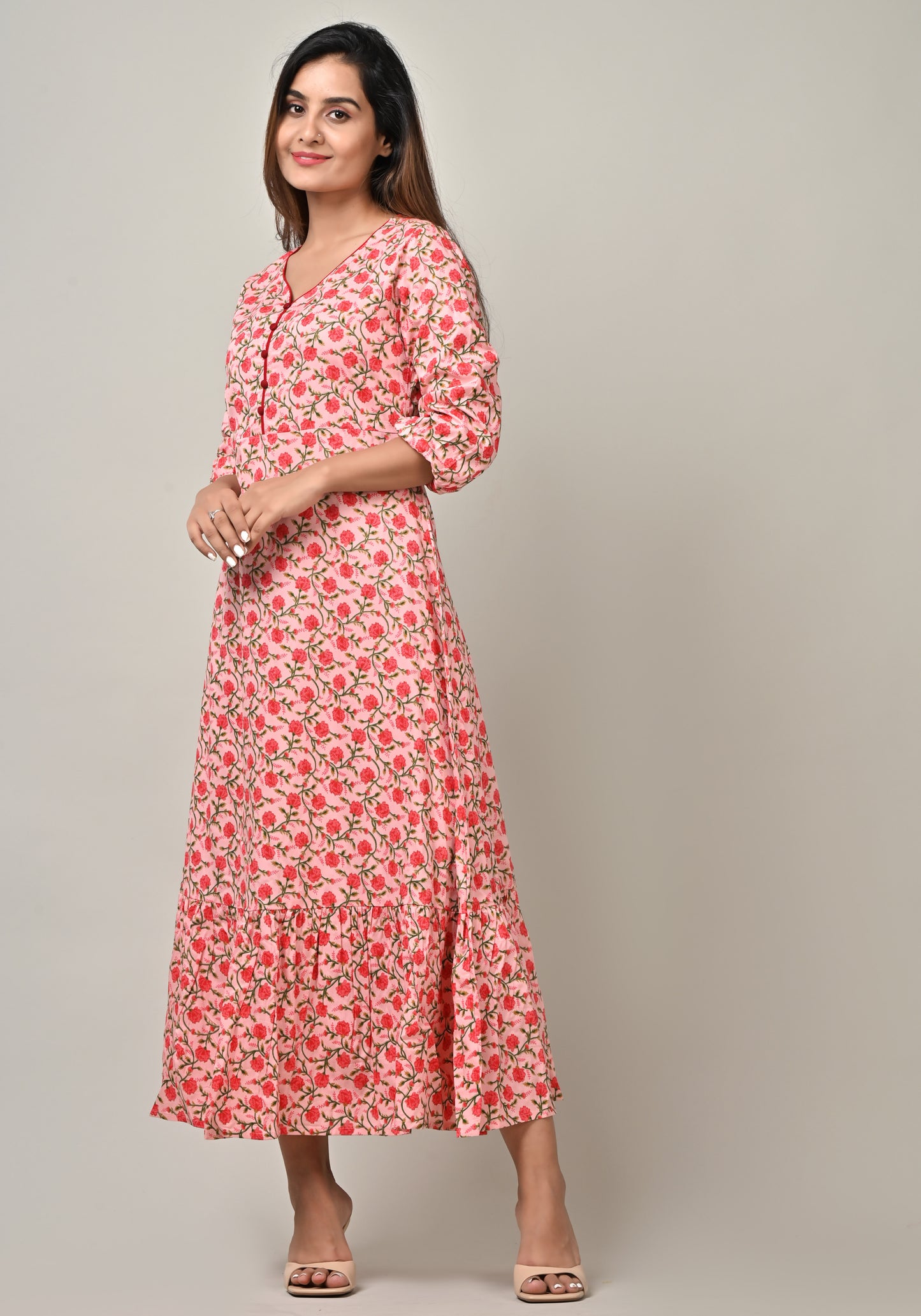 PUKHYA WOMEN'S PINK FLORAL PRINTED DRESS COTTON