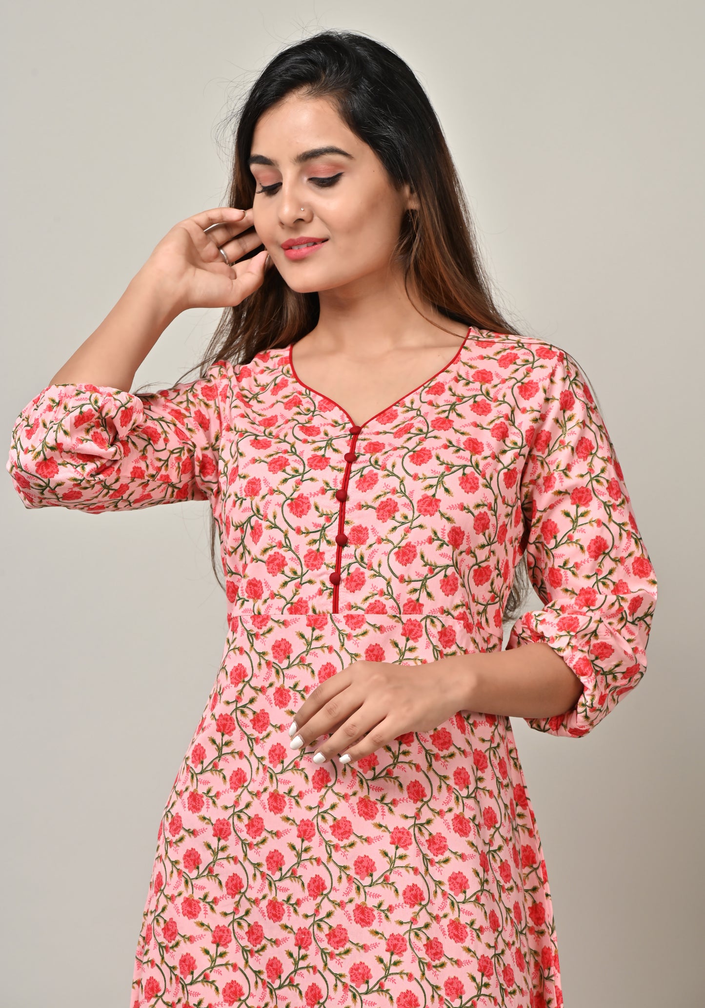 PUKHYA WOMEN'S PINK FLORAL PRINTED DRESS COTTON