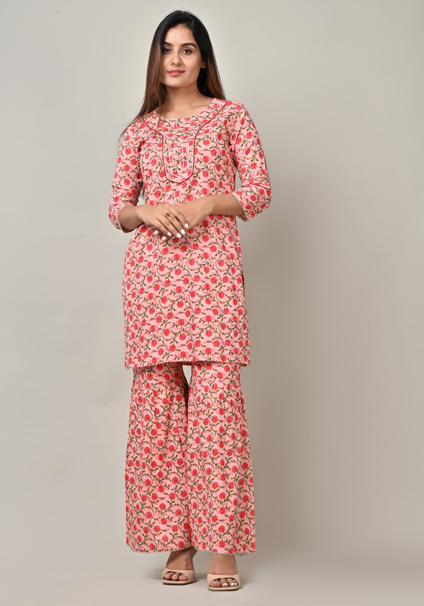 PUKHYA WOMEN'S PINK FLORAL STRAIGHT KURTA WITH SHARARA COTTON