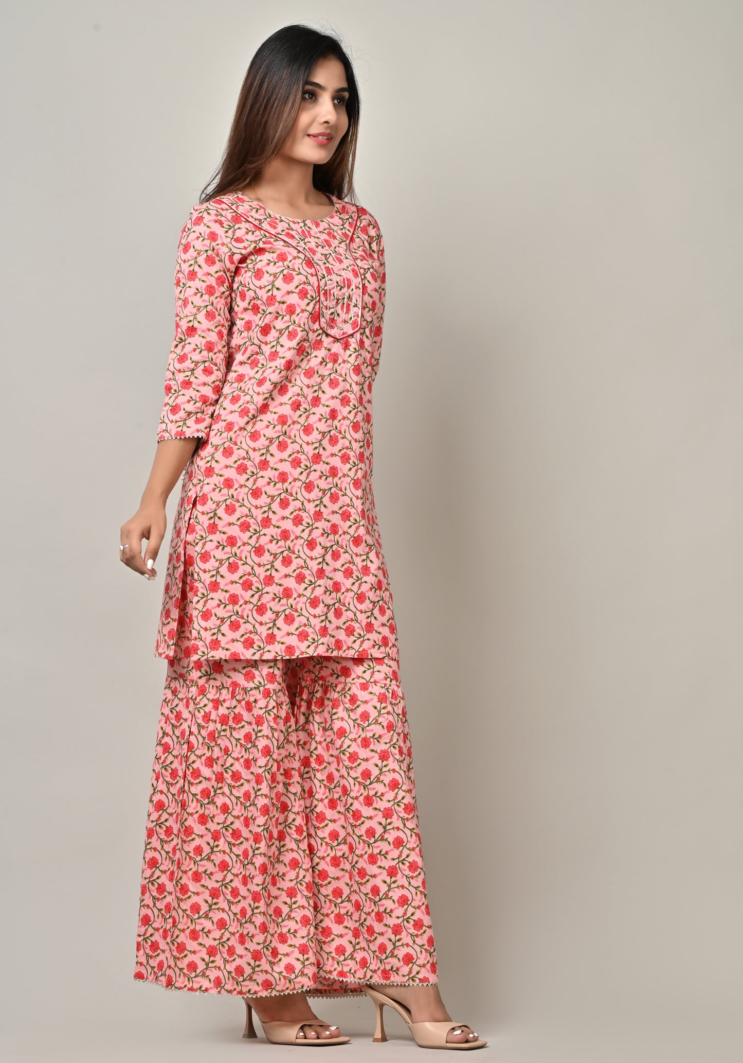 PUKHYA WOMEN'S PINK FLORAL STRAIGHT KURTA WITH SHARARA COTTON