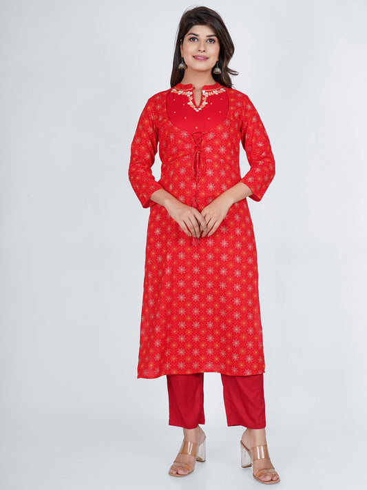 PUKHYA WOMEN'S RED PRINTED STRAIGHT FIT KURTA WITH EMBROIDERY RAYON