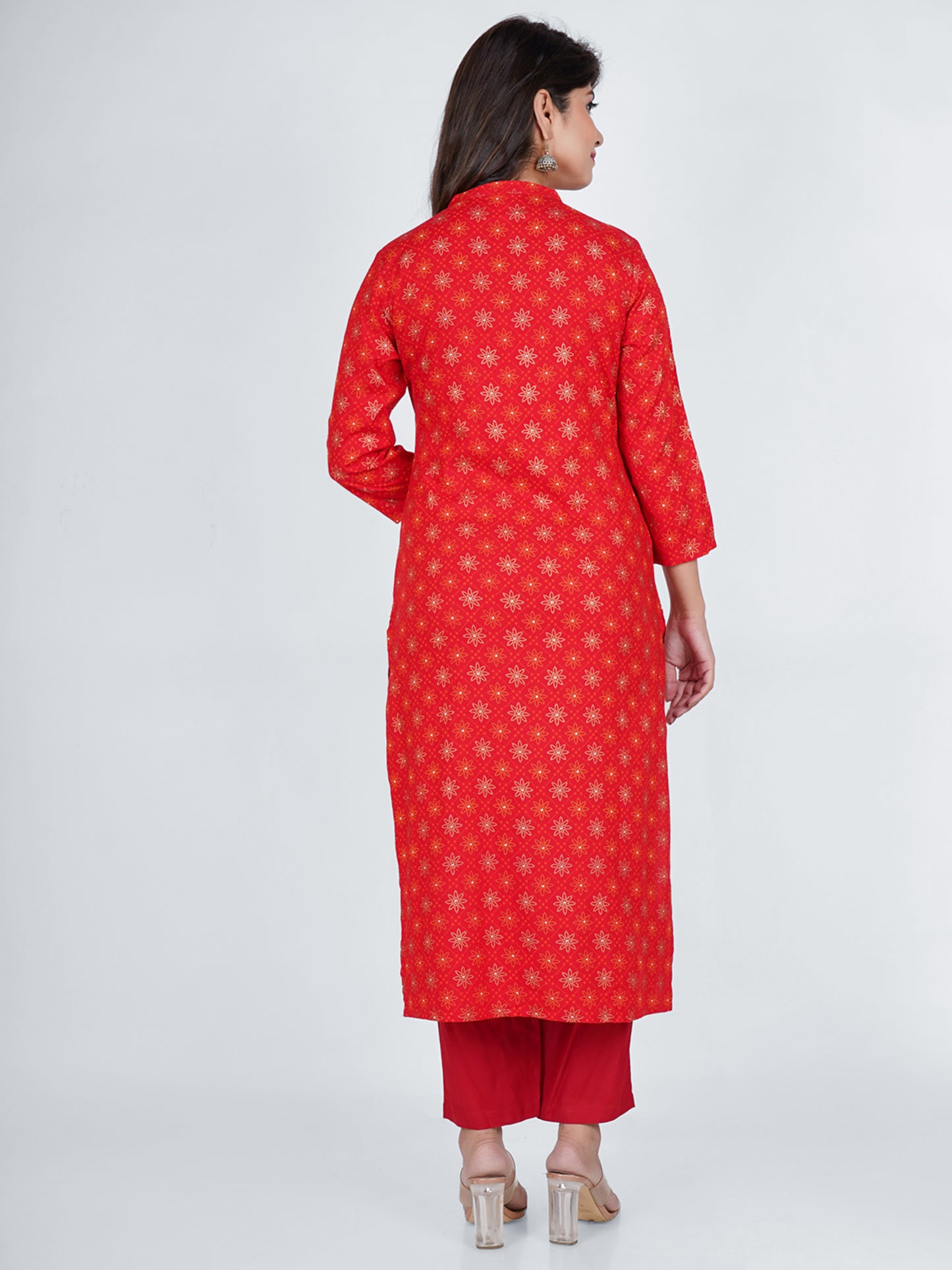 PUKHYA WOMEN'S RED PRINTED STRAIGHT FIT KURTA WITH EMBROIDERY RAYON