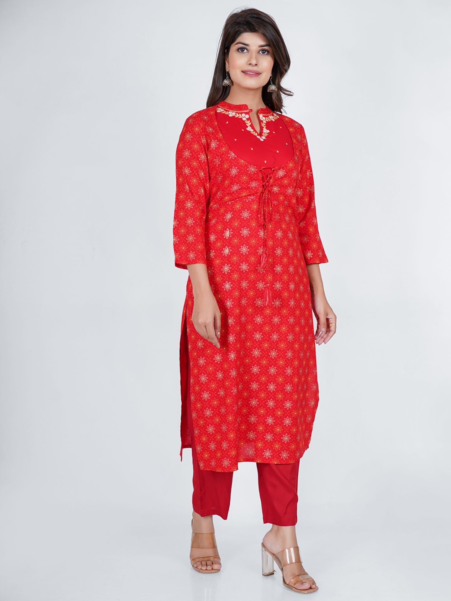 PUKHYA WOMEN'S RED PRINTED STRAIGHT FIT KURTA WITH EMBROIDERY RAYON