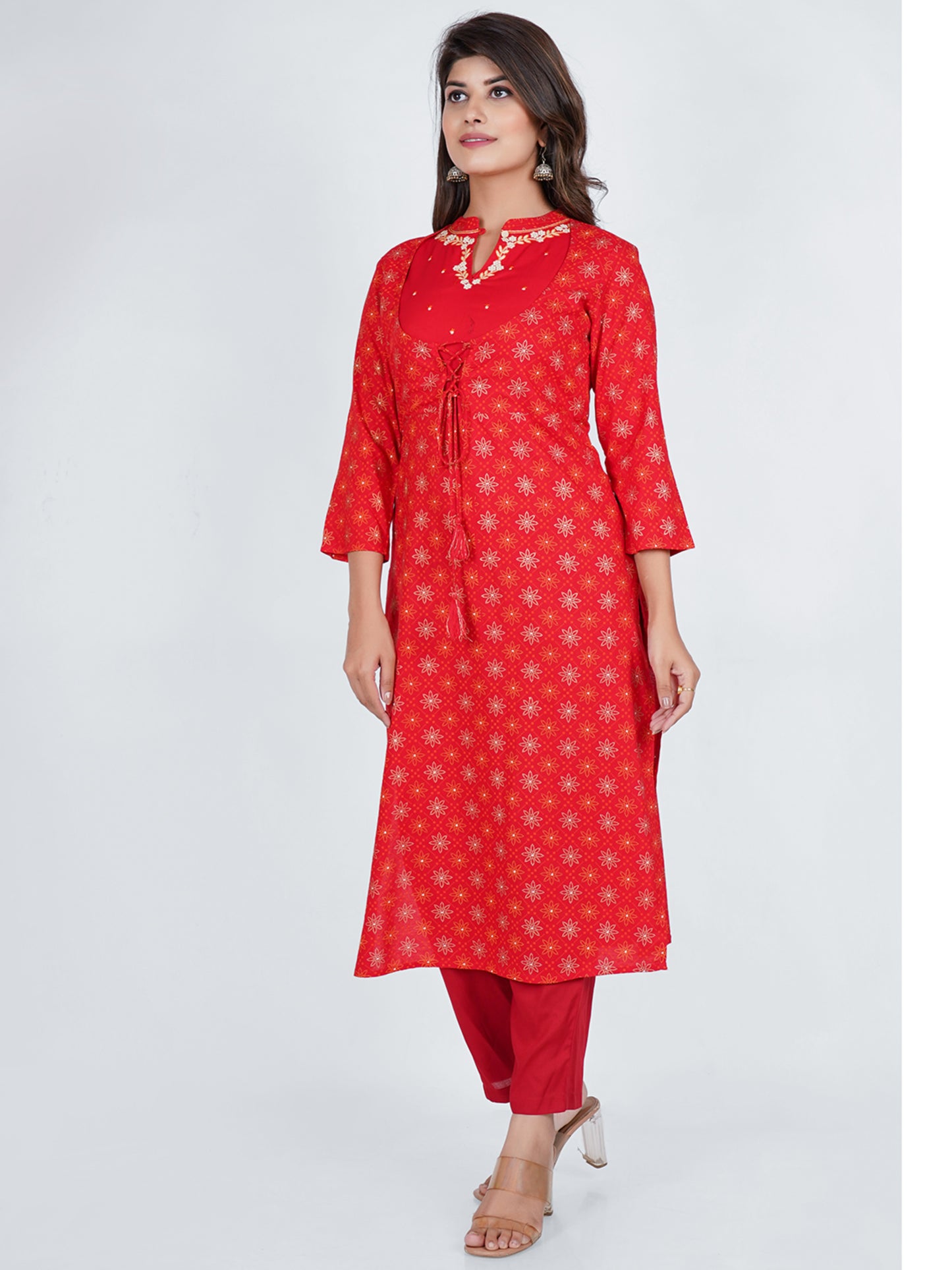 PUKHYA WOMEN'S RED PRINTED STRAIGHT FIT KURTA WITH EMBROIDERY RAYON