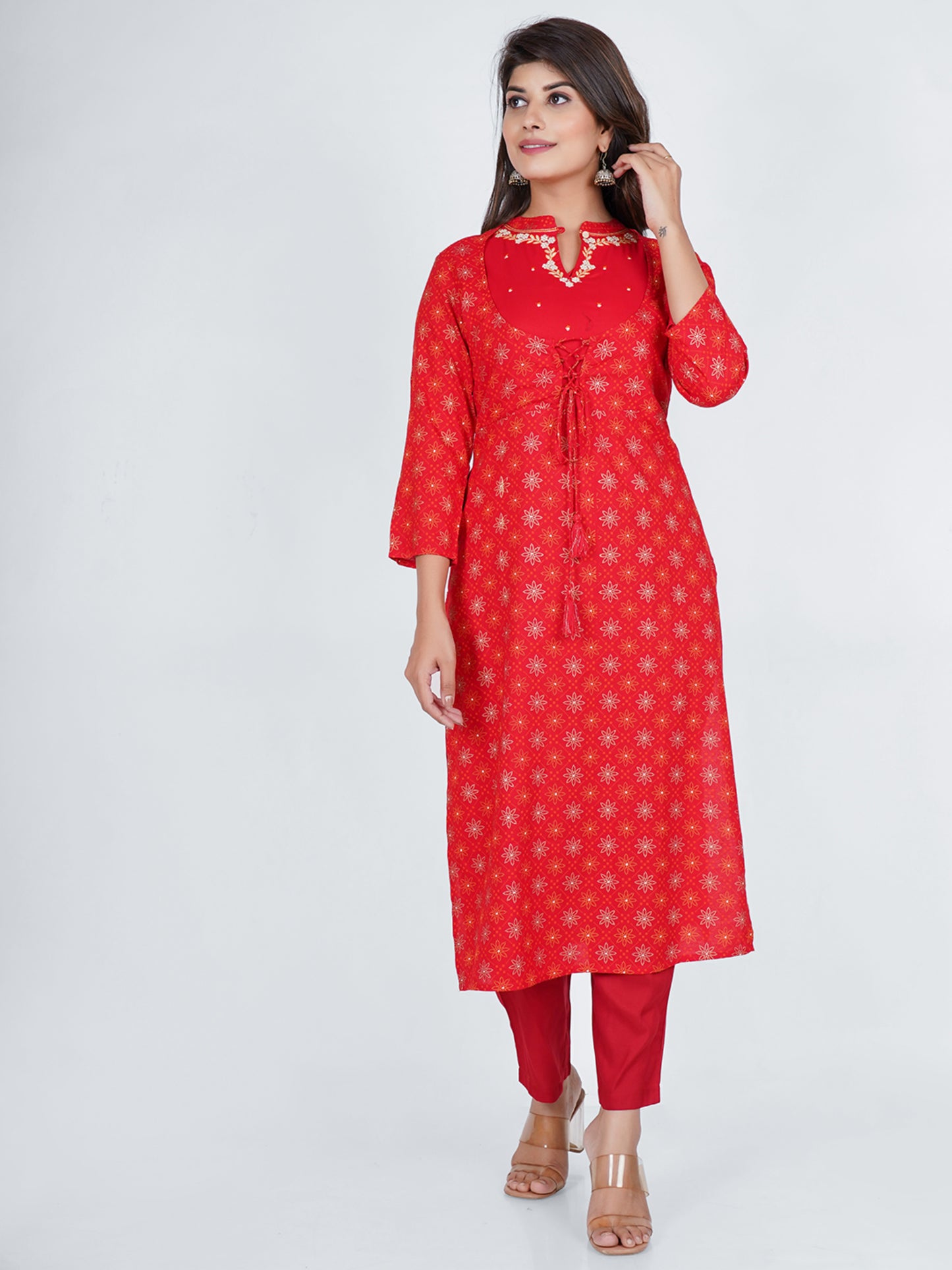 PUKHYA WOMEN'S RED PRINTED STRAIGHT FIT KURTA WITH EMBROIDERY RAYON