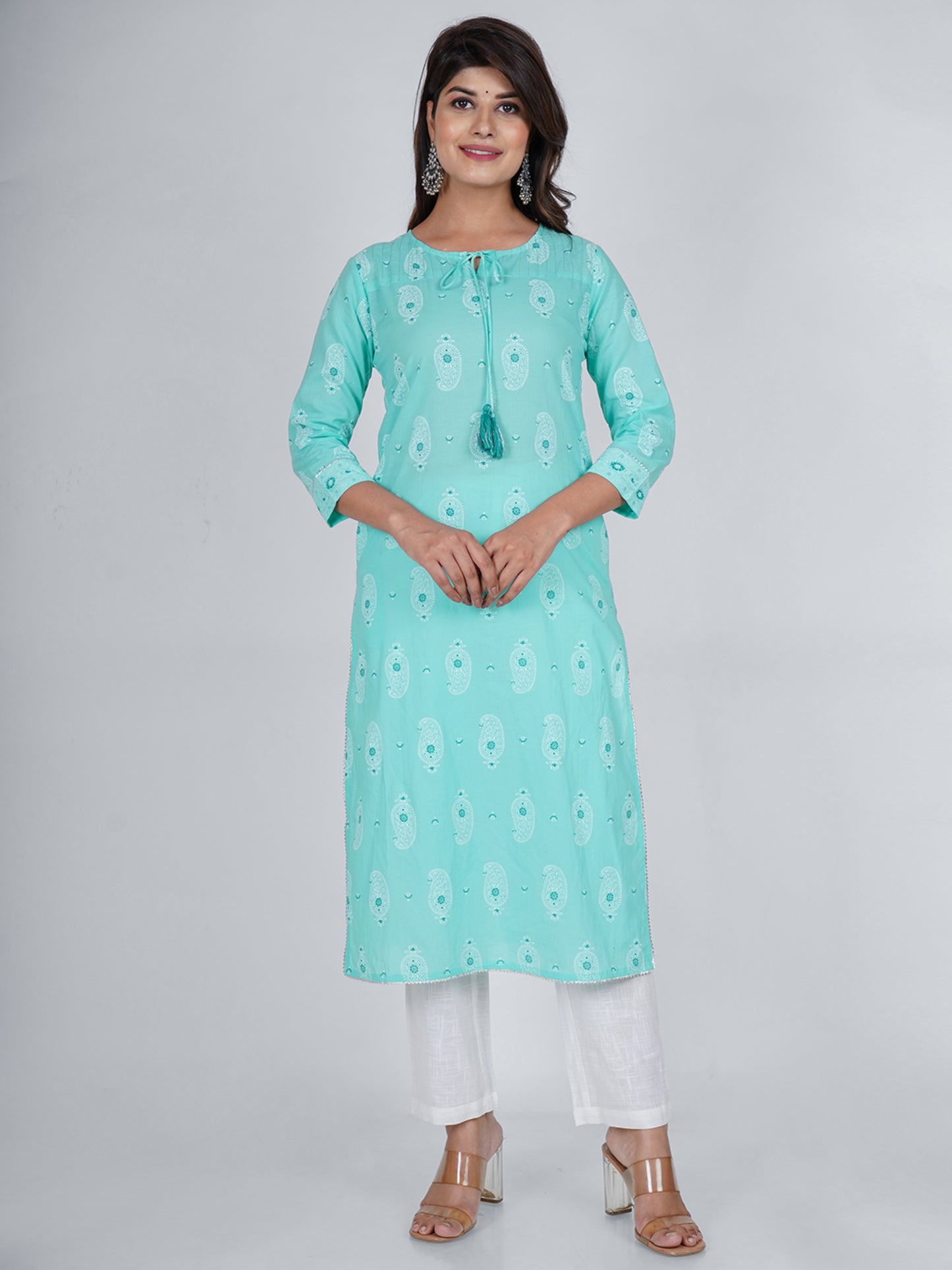 PUKHYA WOMEN'S TURQUIOSE PRINTED STRAIGHT KURTA COTTON