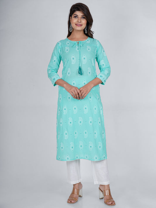 PUKHYA WOMEN'S TURQUIOSE PRINTED STRAIGHT KURTA COTTON