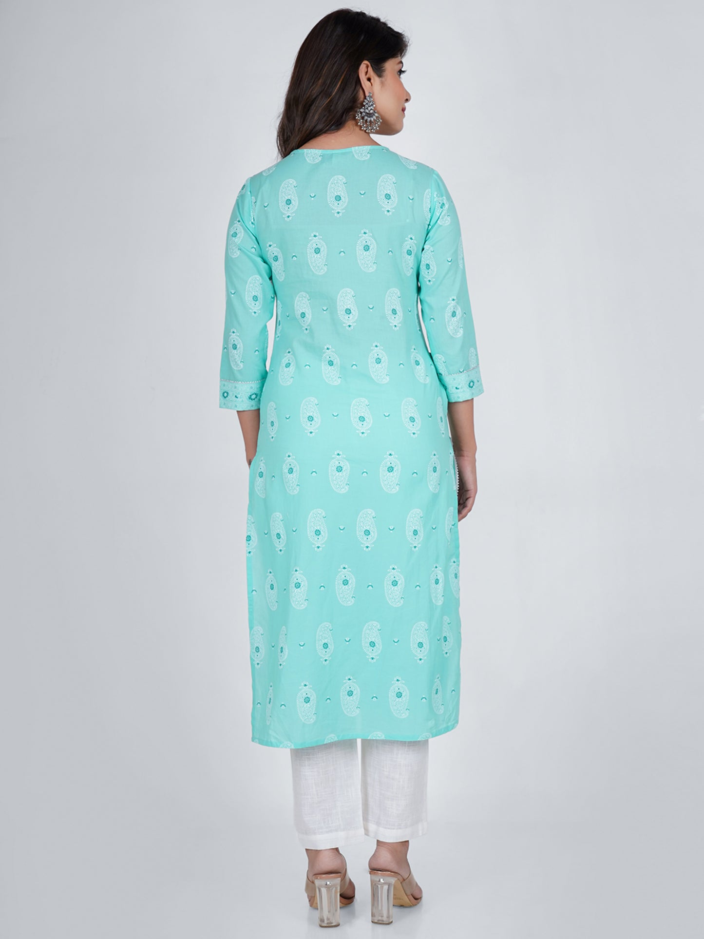 PUKHYA WOMEN'S TURQUIOSE PRINTED STRAIGHT KURTA COTTON