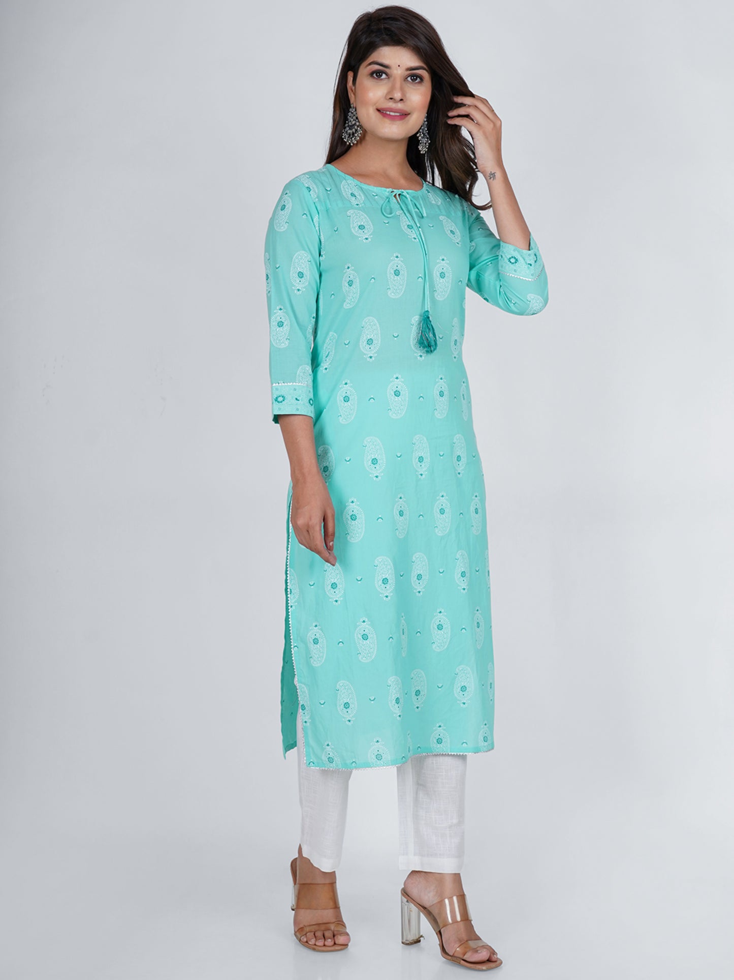 PUKHYA WOMEN'S TURQUIOSE PRINTED STRAIGHT KURTA COTTON