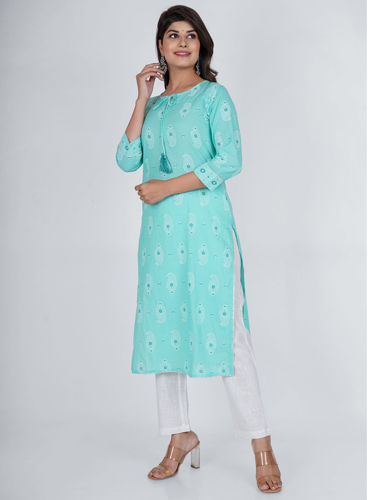 PUKHYA WOMEN'S TURQUIOSE PRINTED STRAIGHT KURTA COTTON