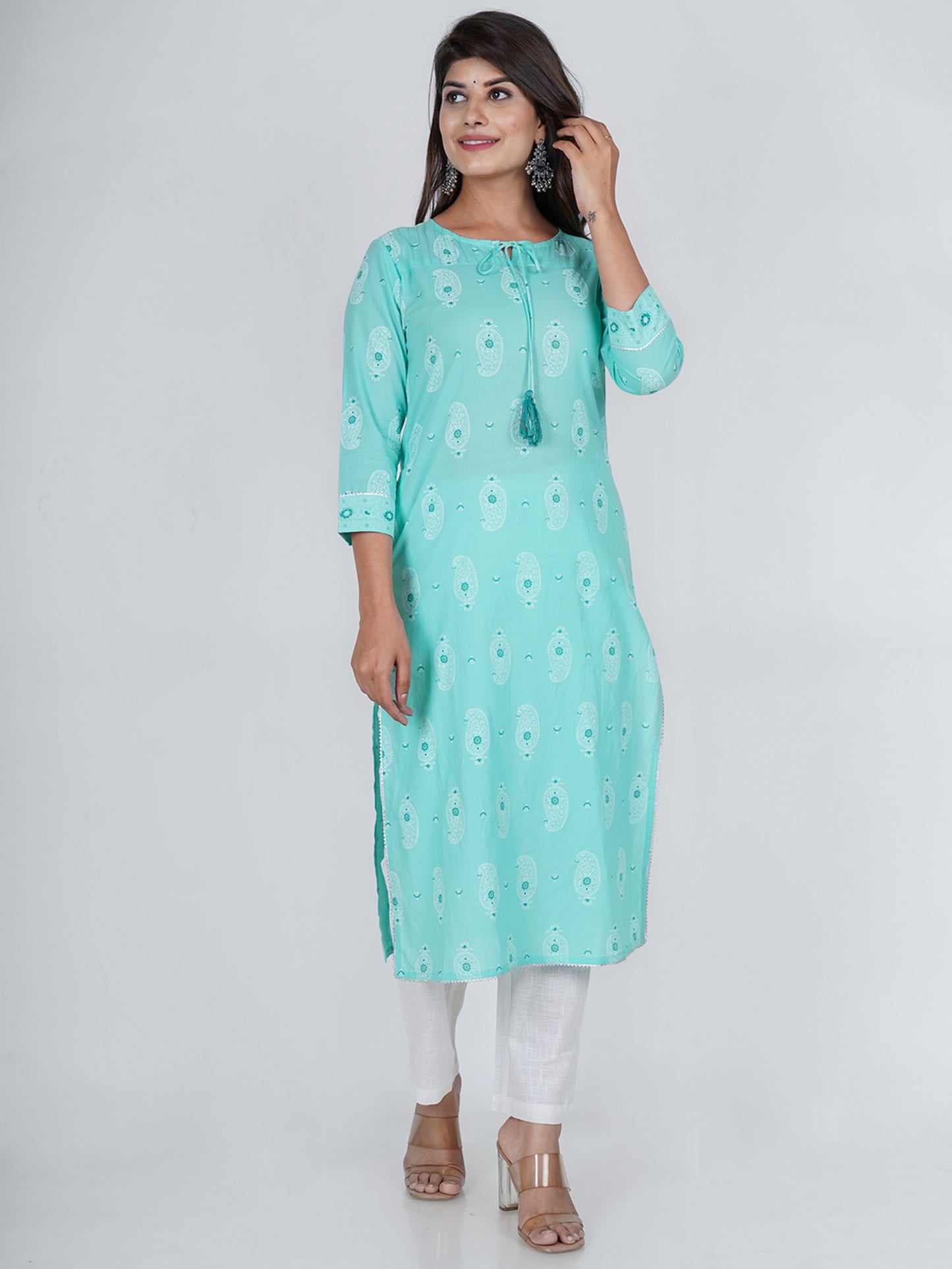 PUKHYA WOMEN'S TURQUIOSE PRINTED STRAIGHT KURTA COTTON