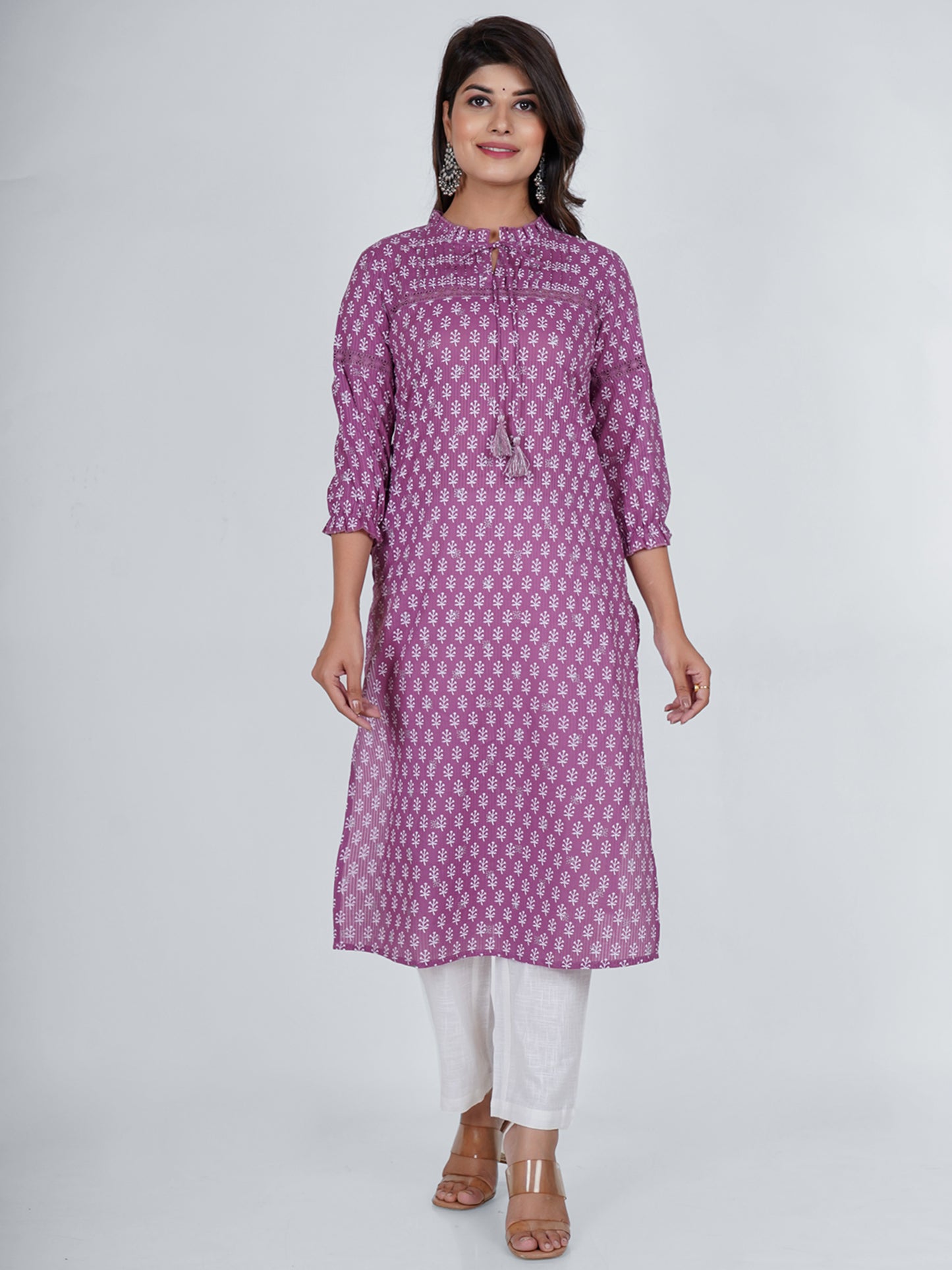 PUKHYA WOMEN'S PURPLE KHARI PRINTED STRAIGHT KURTA COTTON DOBBY