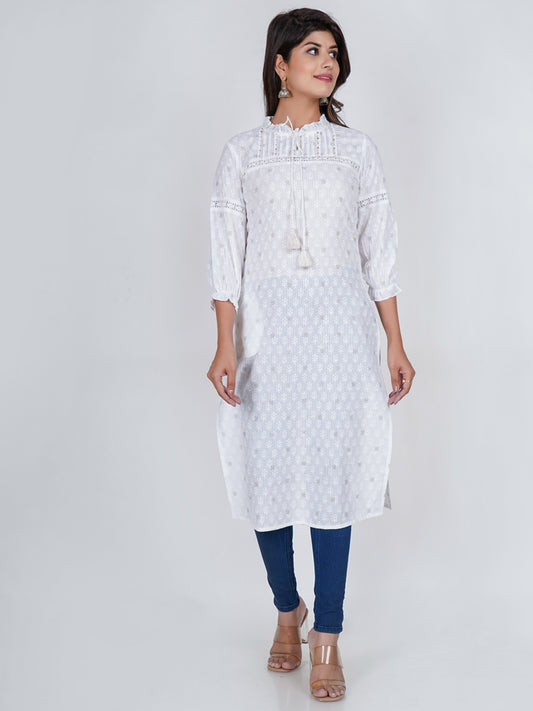 PUKHYA WOMEN'S WHITE KHARI PRINTED STRAIGHT KURTA COTTON DOBBY