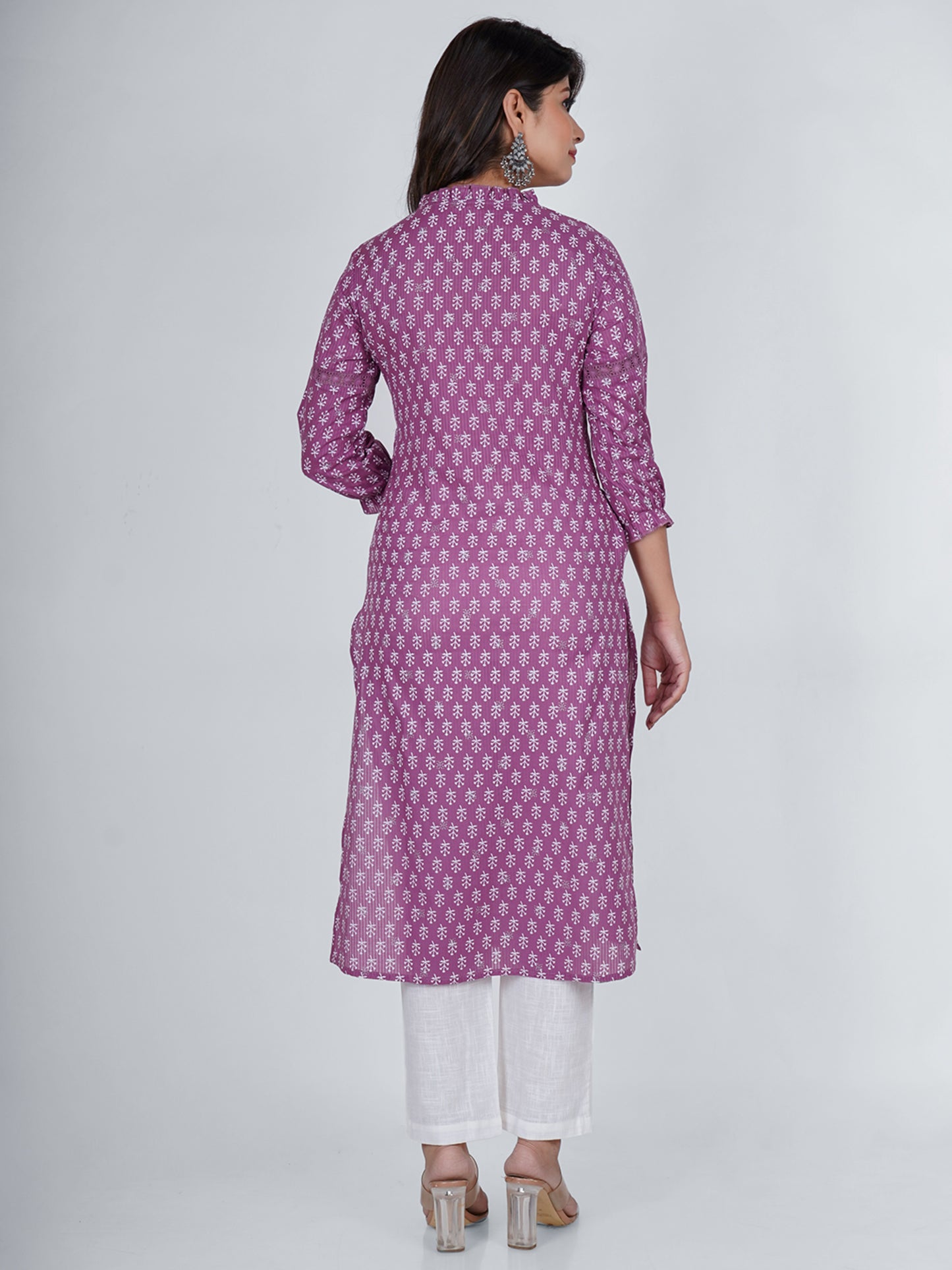 PUKHYA WOMEN'S PURPLE KHARI PRINTED STRAIGHT KURTA COTTON DOBBY