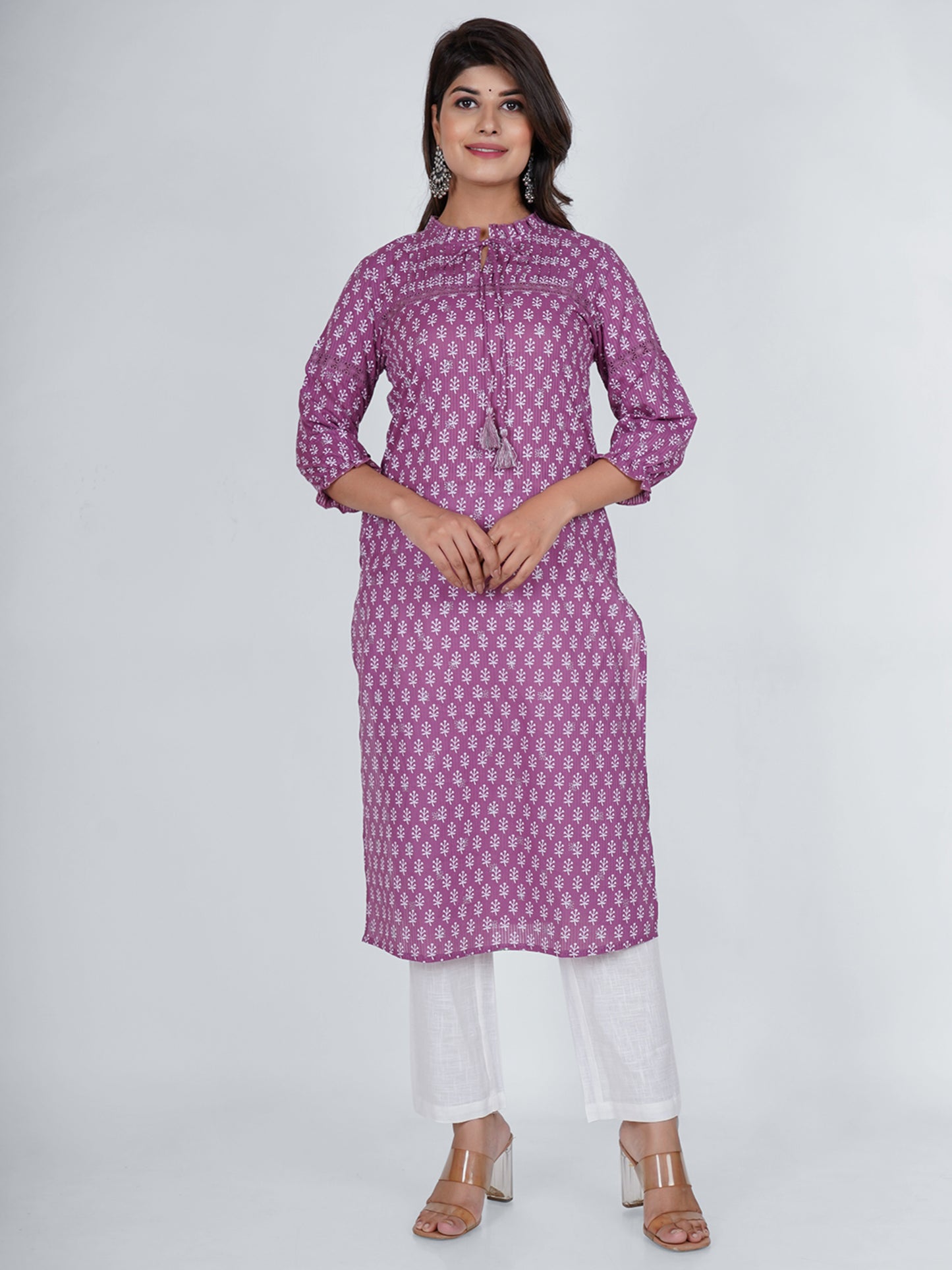 PUKHYA WOMEN'S PURPLE KHARI PRINTED STRAIGHT KURTA COTTON DOBBY