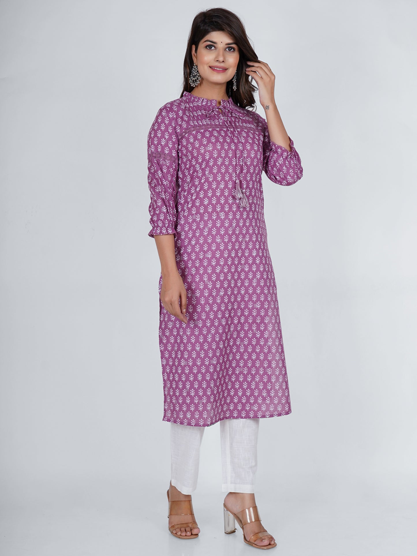 PUKHYA WOMEN'S PURPLE KHARI PRINTED STRAIGHT KURTA COTTON DOBBY