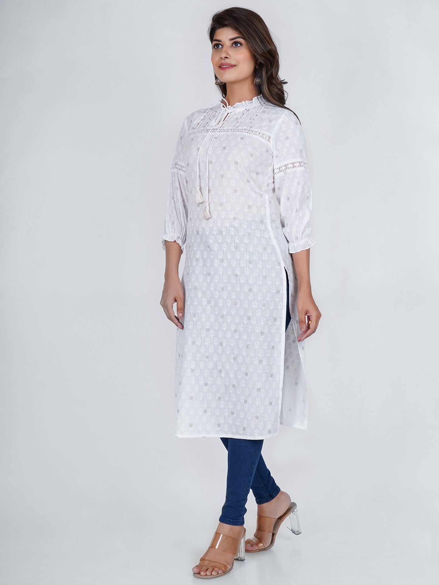 PUKHYA WOMEN'S WHITE KHARI PRINTED STRAIGHT KURTA COTTON DOBBY