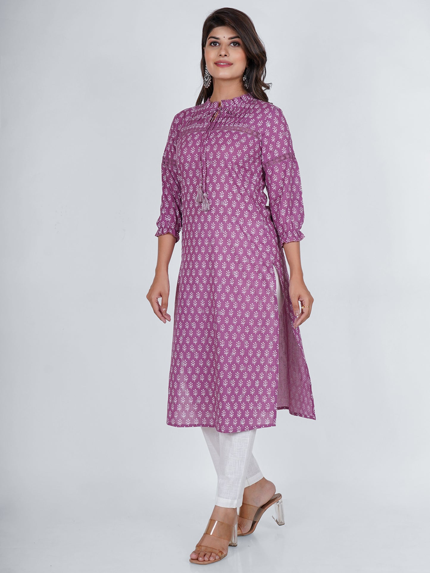 PUKHYA WOMEN'S PURPLE KHARI PRINTED STRAIGHT KURTA COTTON DOBBY